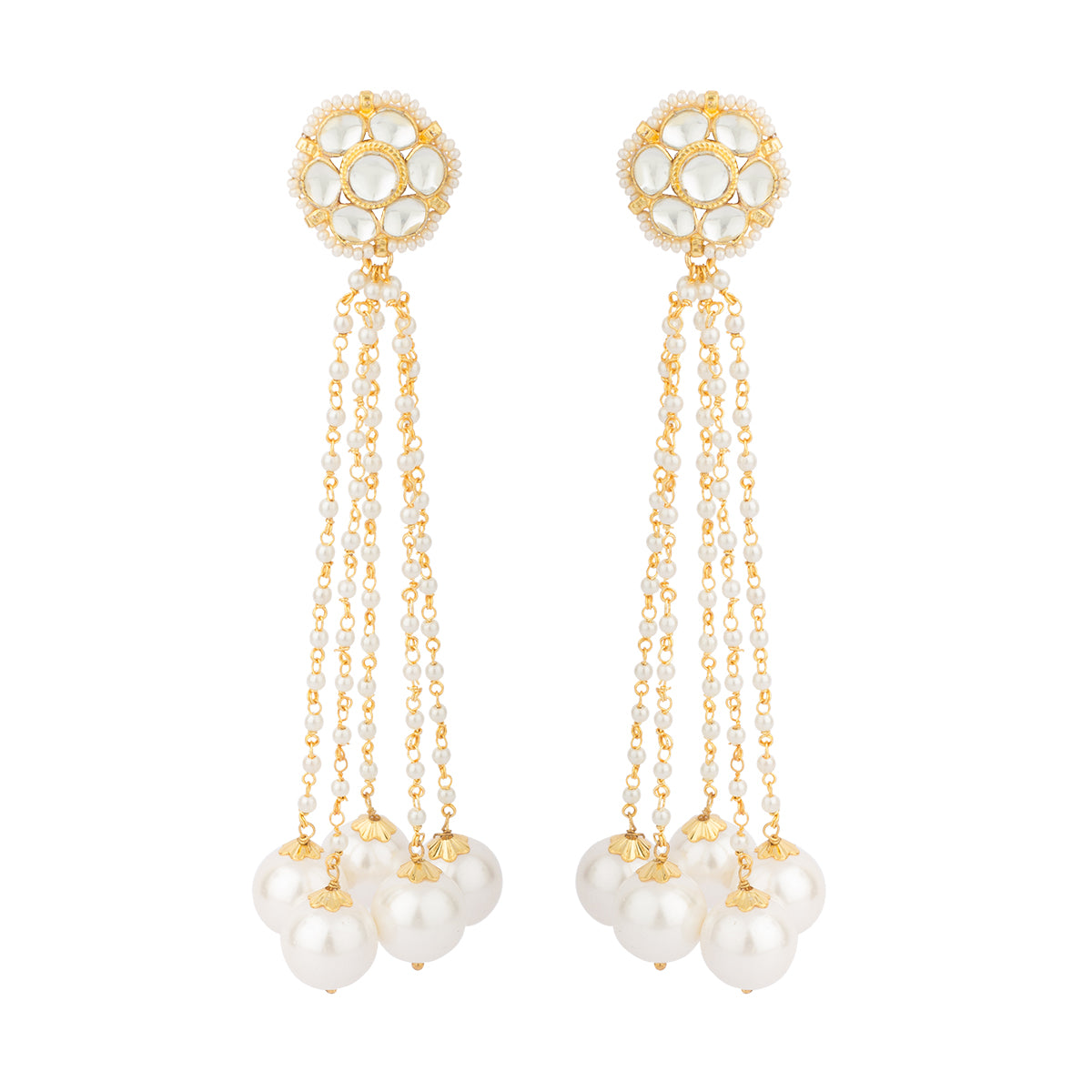With pearl strings hanging and shining pearls embellished in it, this earring looks like a flower when you wear it. 