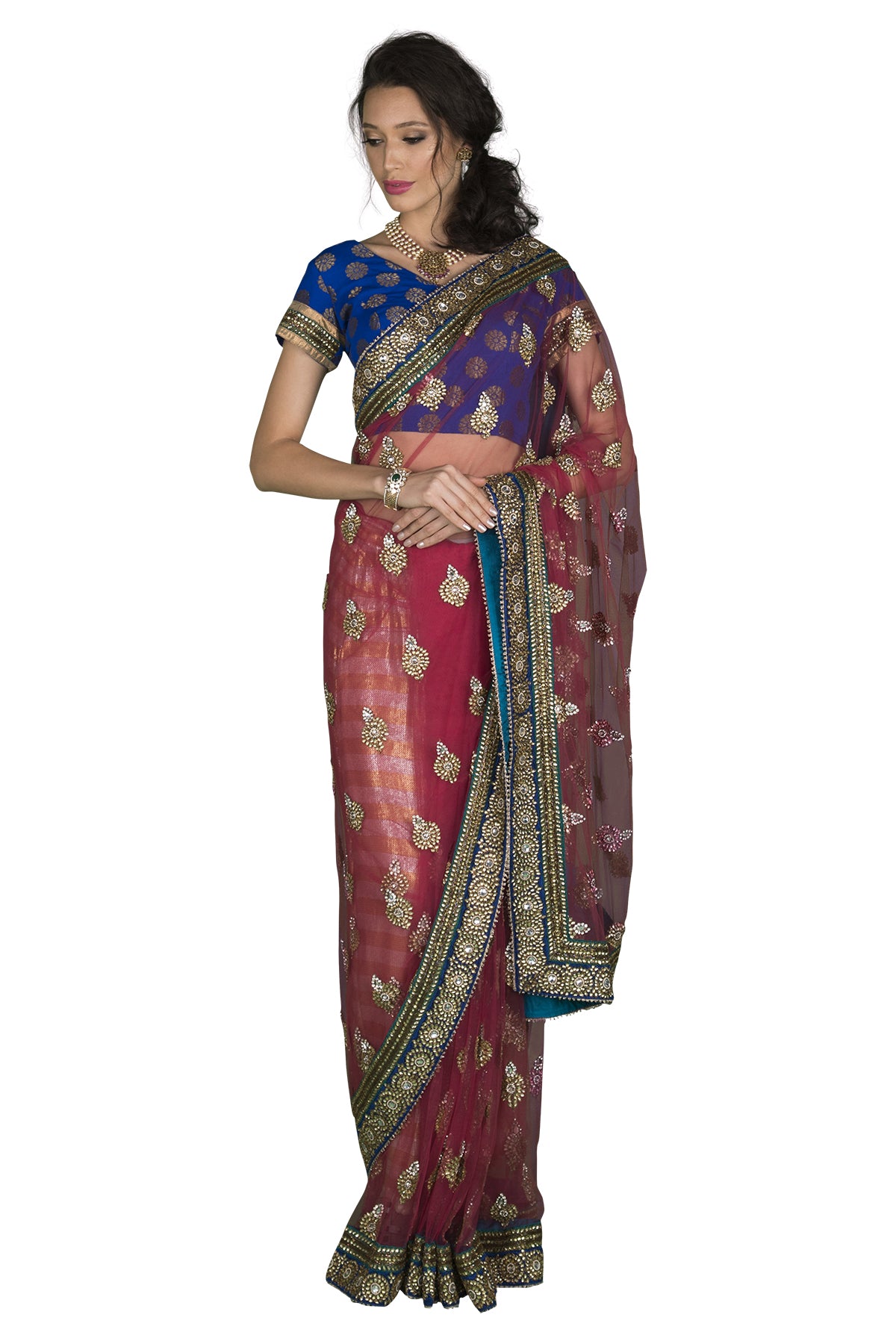 Dark Pink net saree with blue blouse