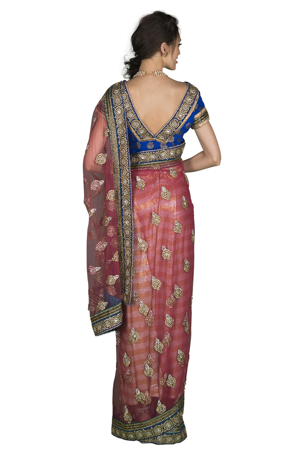 Dark Pink net saree with blue blouse