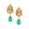 Who doesn't love temple Jewellery? This is carved with a beautiful temple design with a green shiny stone. It comes with matching earrings. 