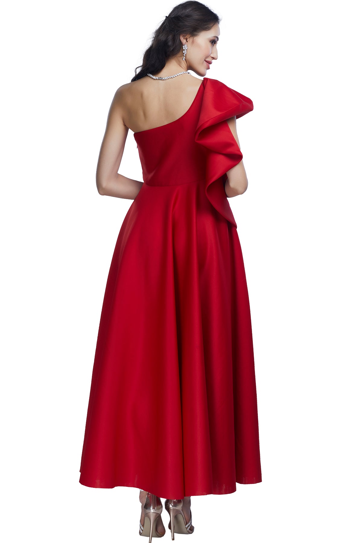 Red one shoulder gown