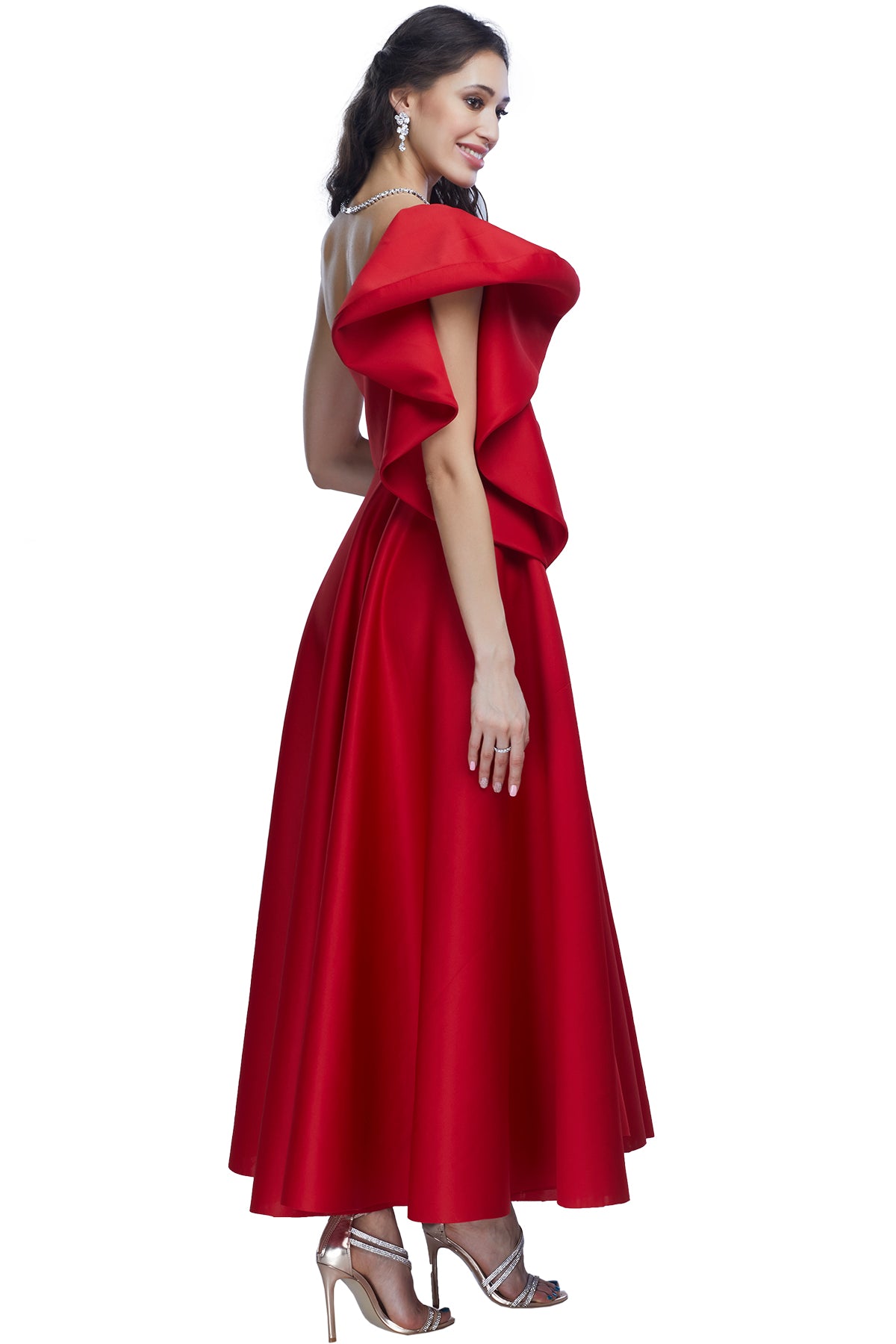 Red one shoulder gown