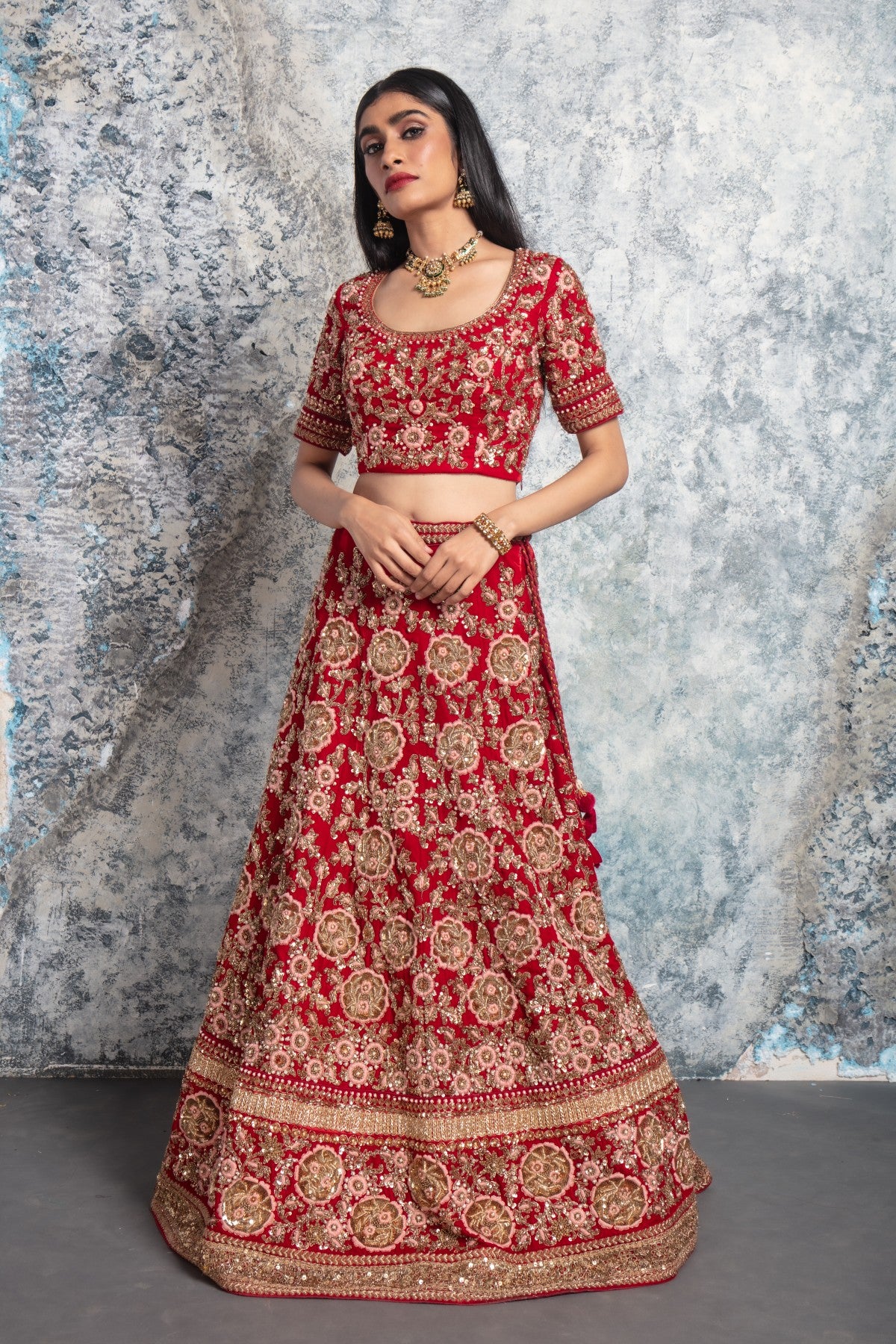 Red Velvet and Peach Embroidered Lehenga Set