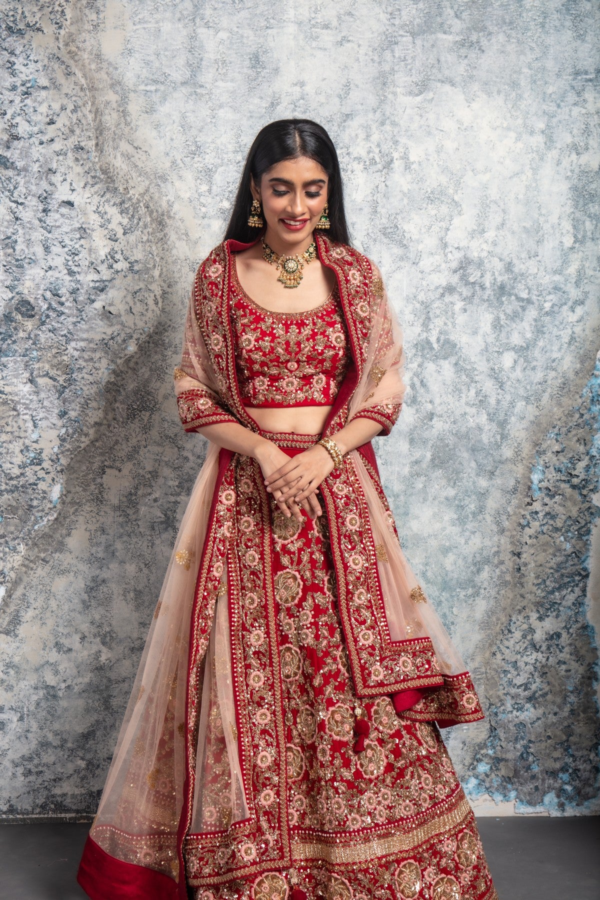 Red Velvet and Peach Embroidered Lehenga Set