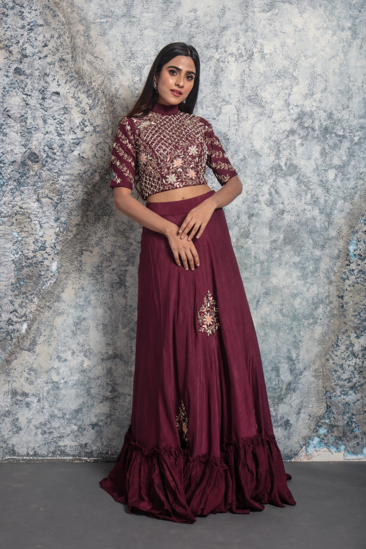 Wine Embellished Crop top with Skirt
