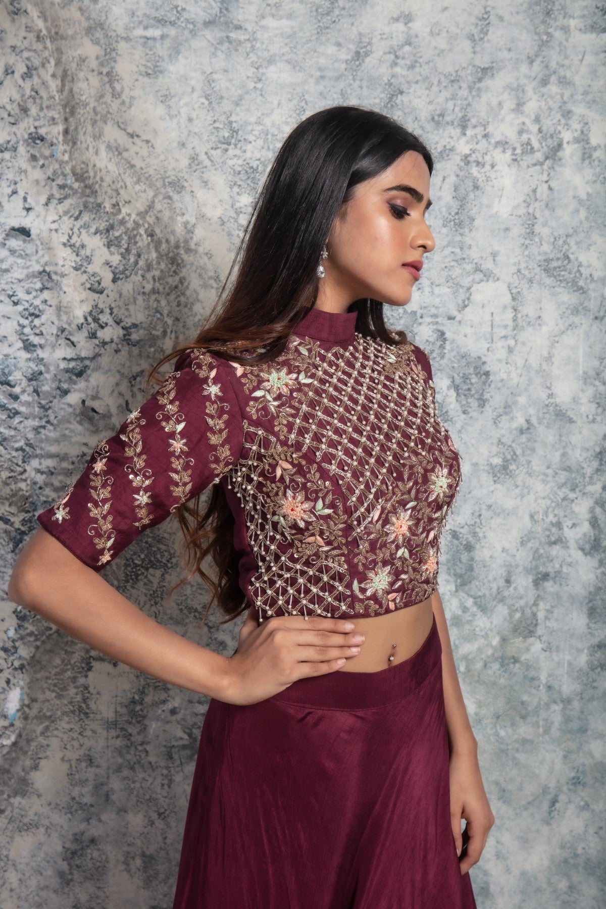 Wine Embellished Crop top with Skirt