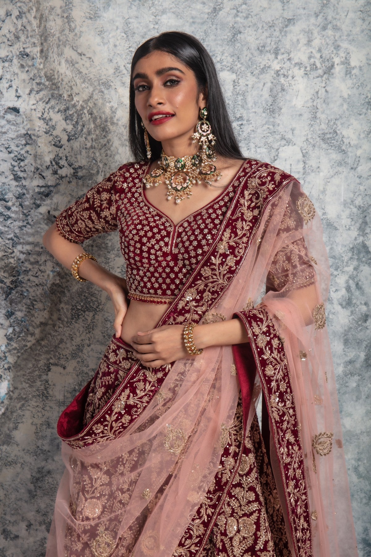 Wine Lehenga with Pink Dupatta and Golden Work