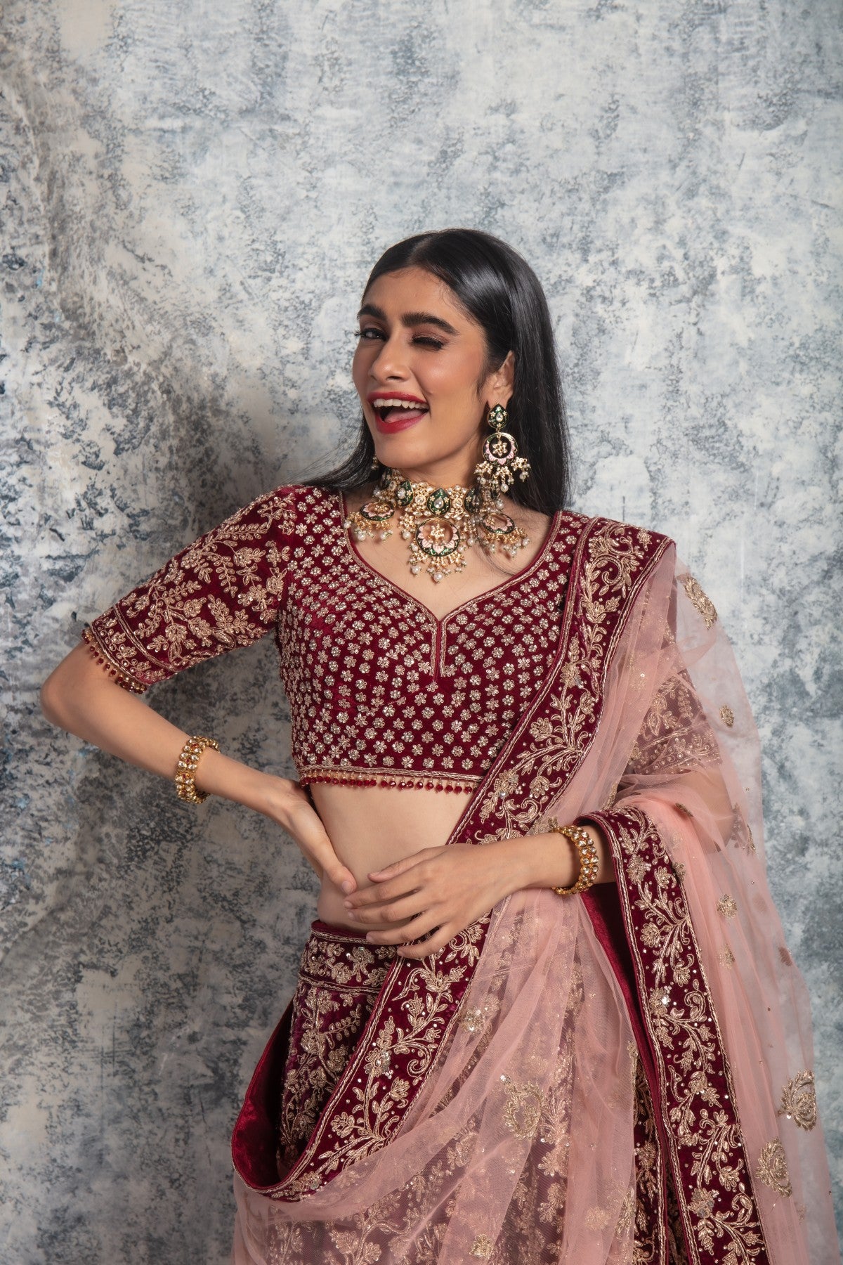 Wine Lehenga with Pink Dupatta and Golden Work