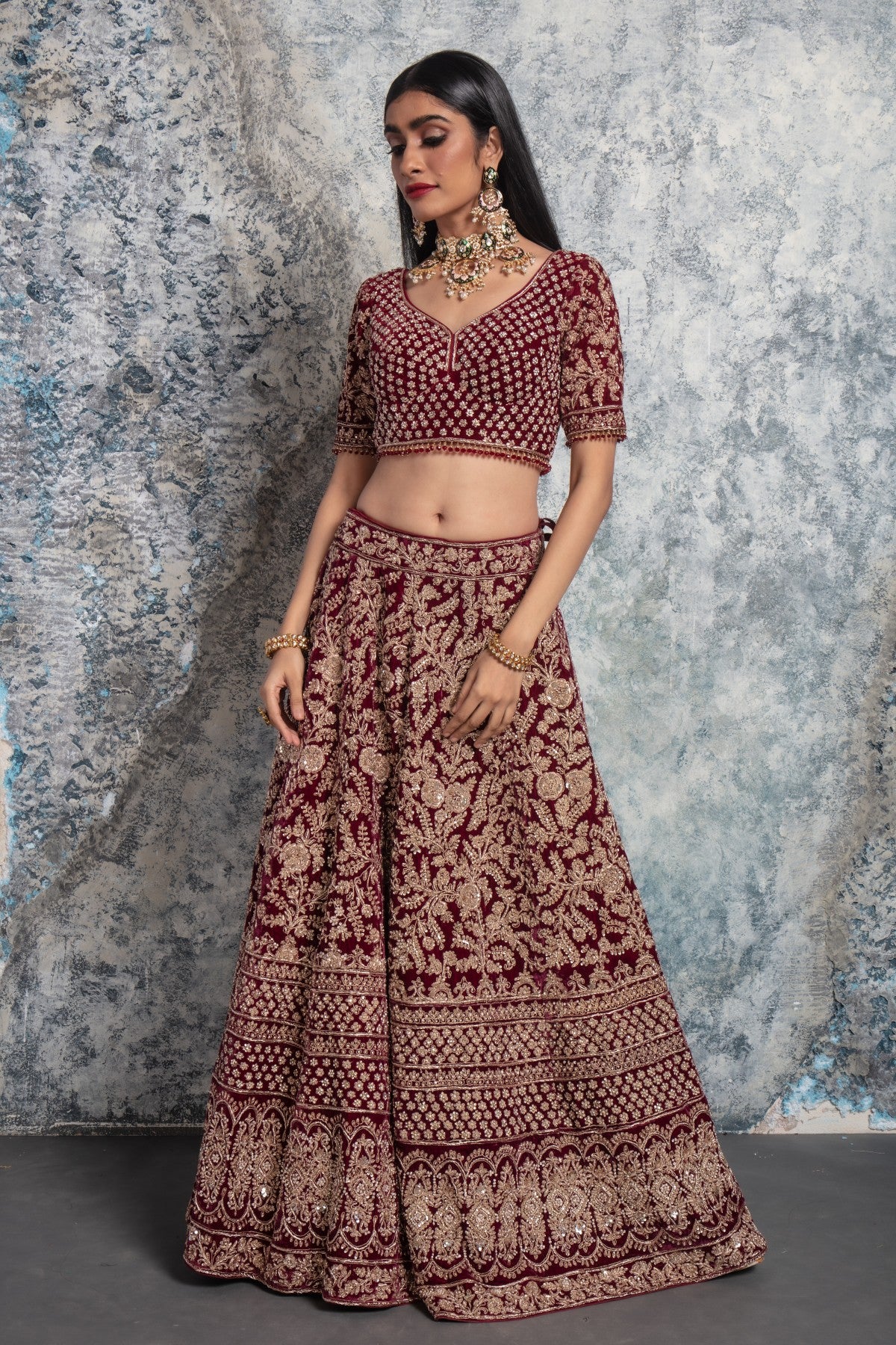 Wine Lehenga with Pink Dupatta and Golden Work