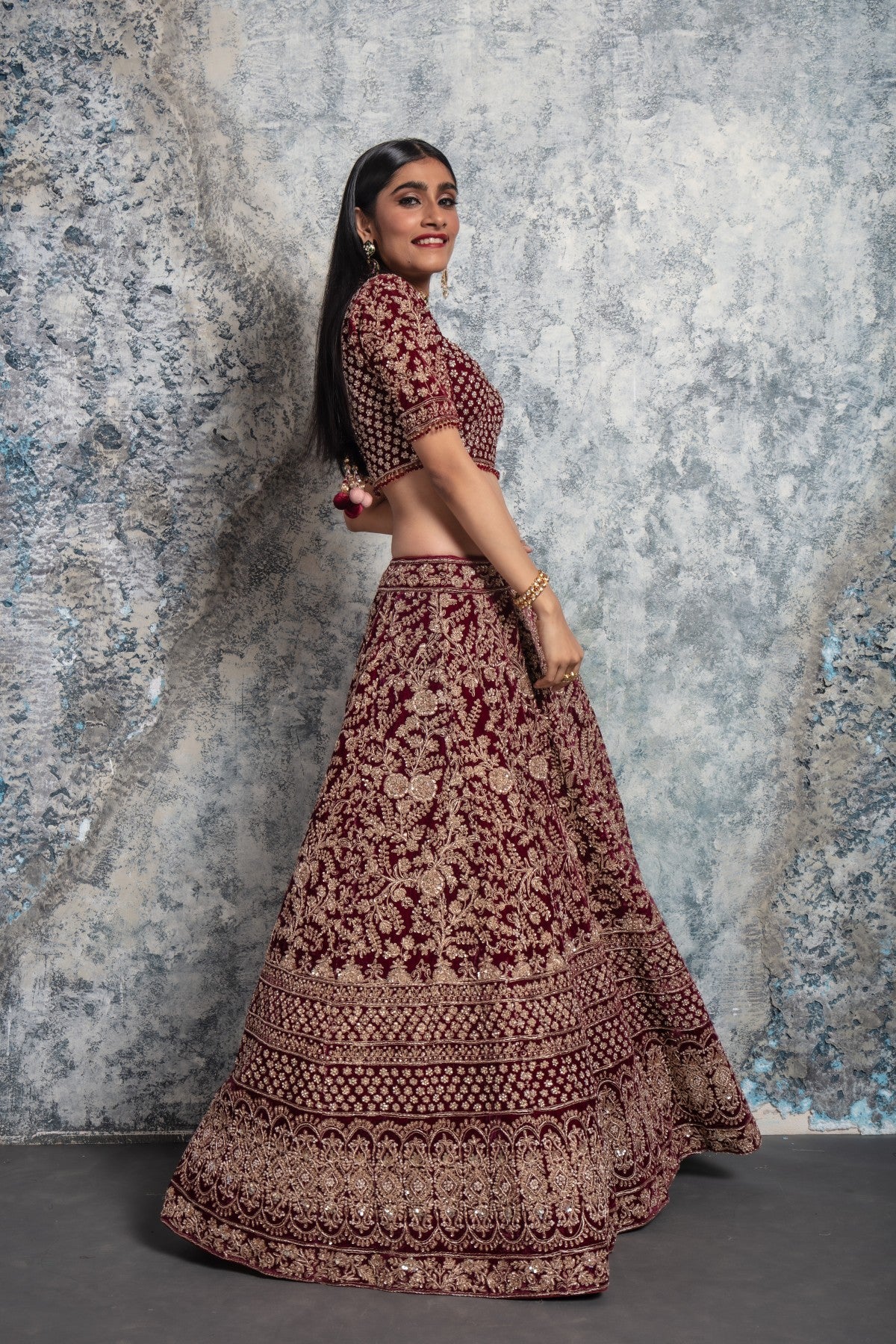 Wine Lehenga with Pink Dupatta and Golden Work