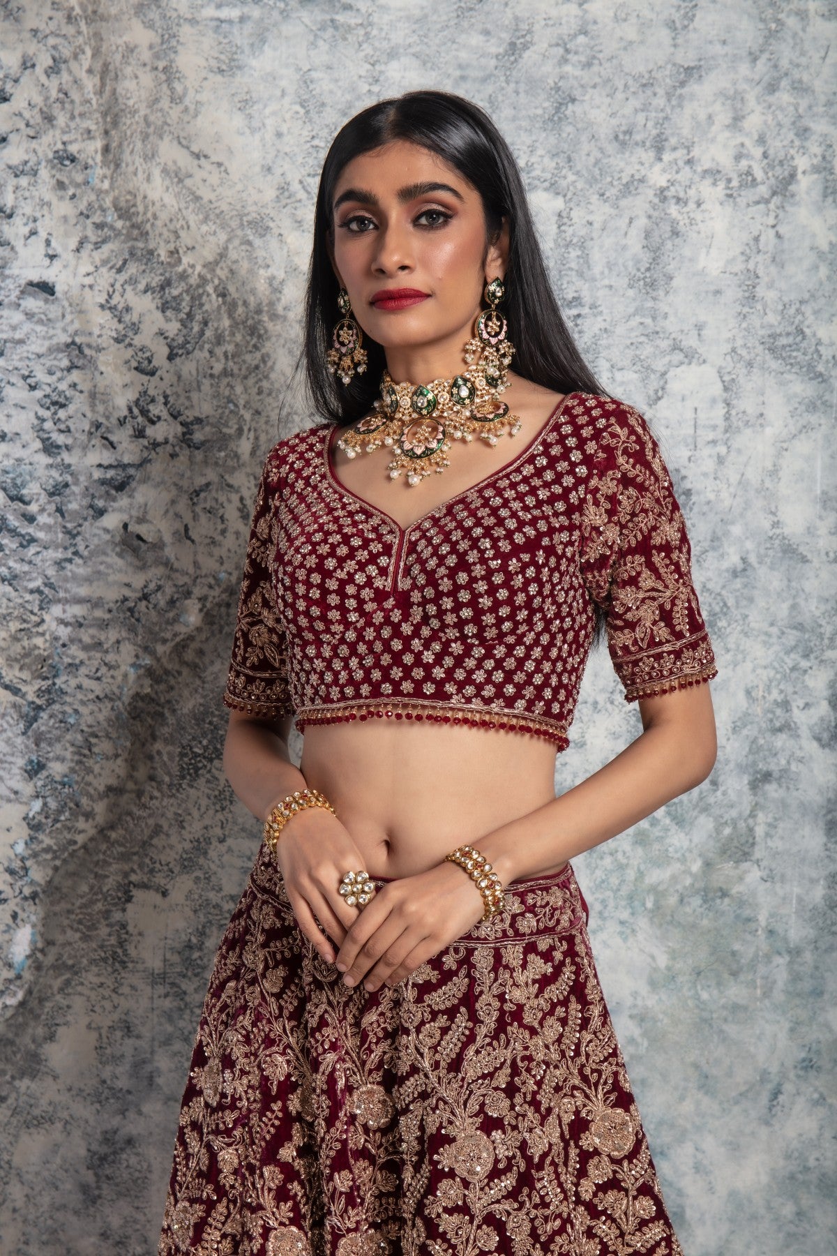 Wine Lehenga with Pink Dupatta and Golden Work