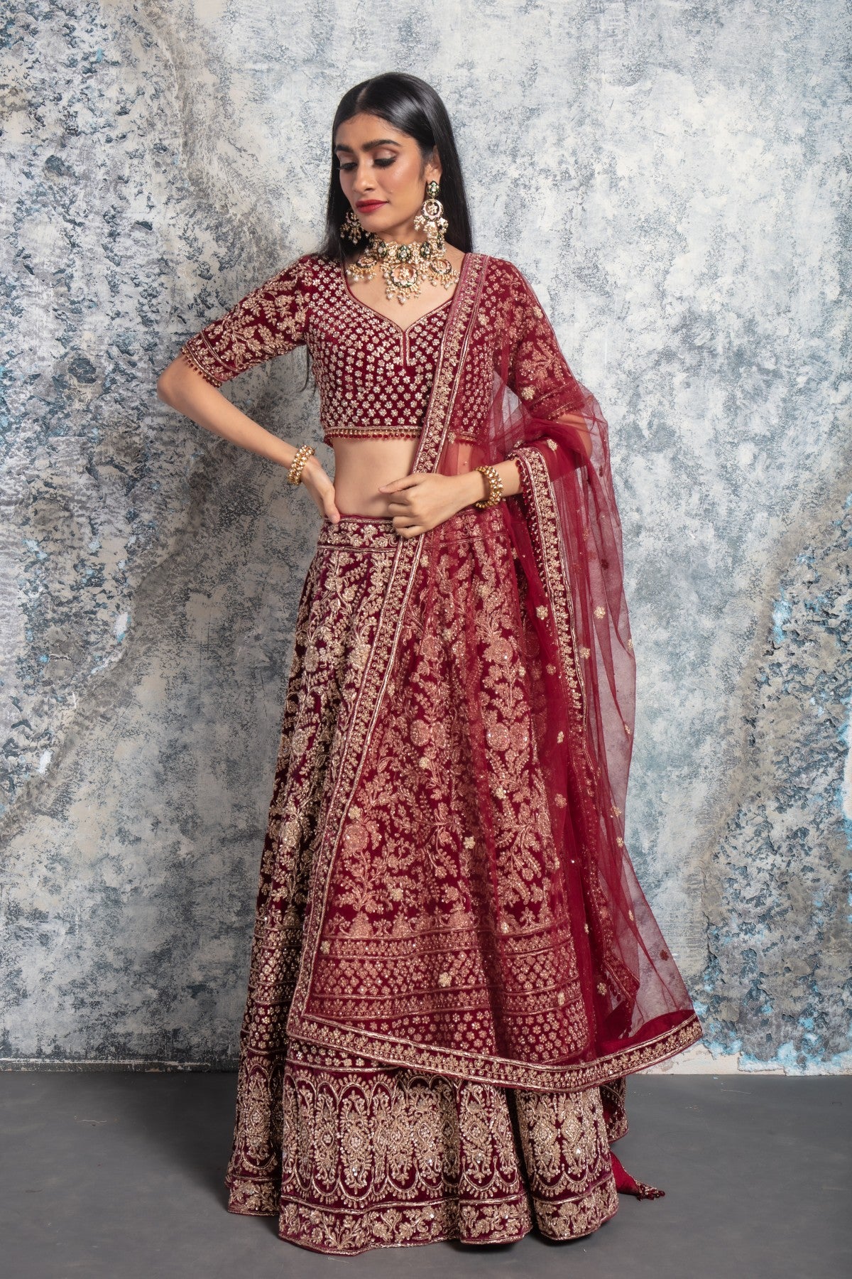 Wine Lehenga with Pink Dupatta and Golden Work