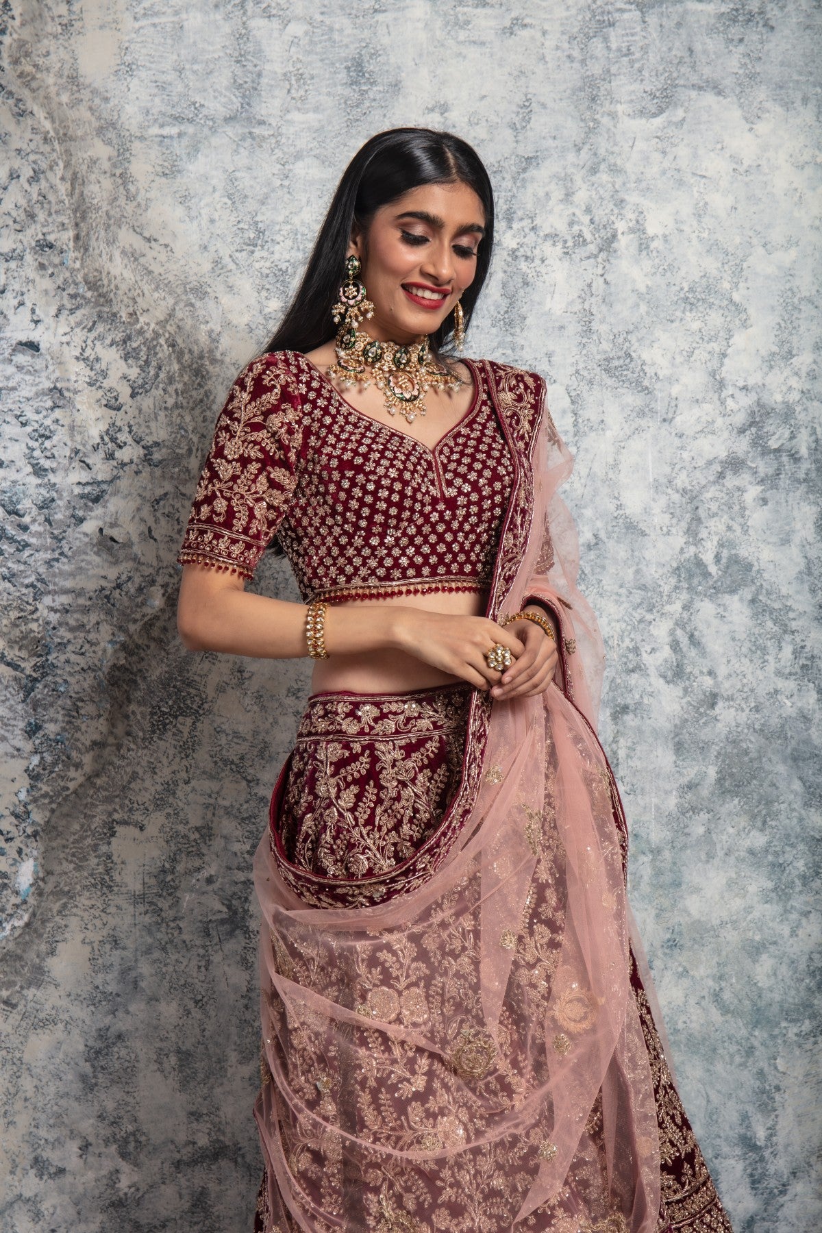 Wine Lehenga with Pink Dupatta and Golden Work