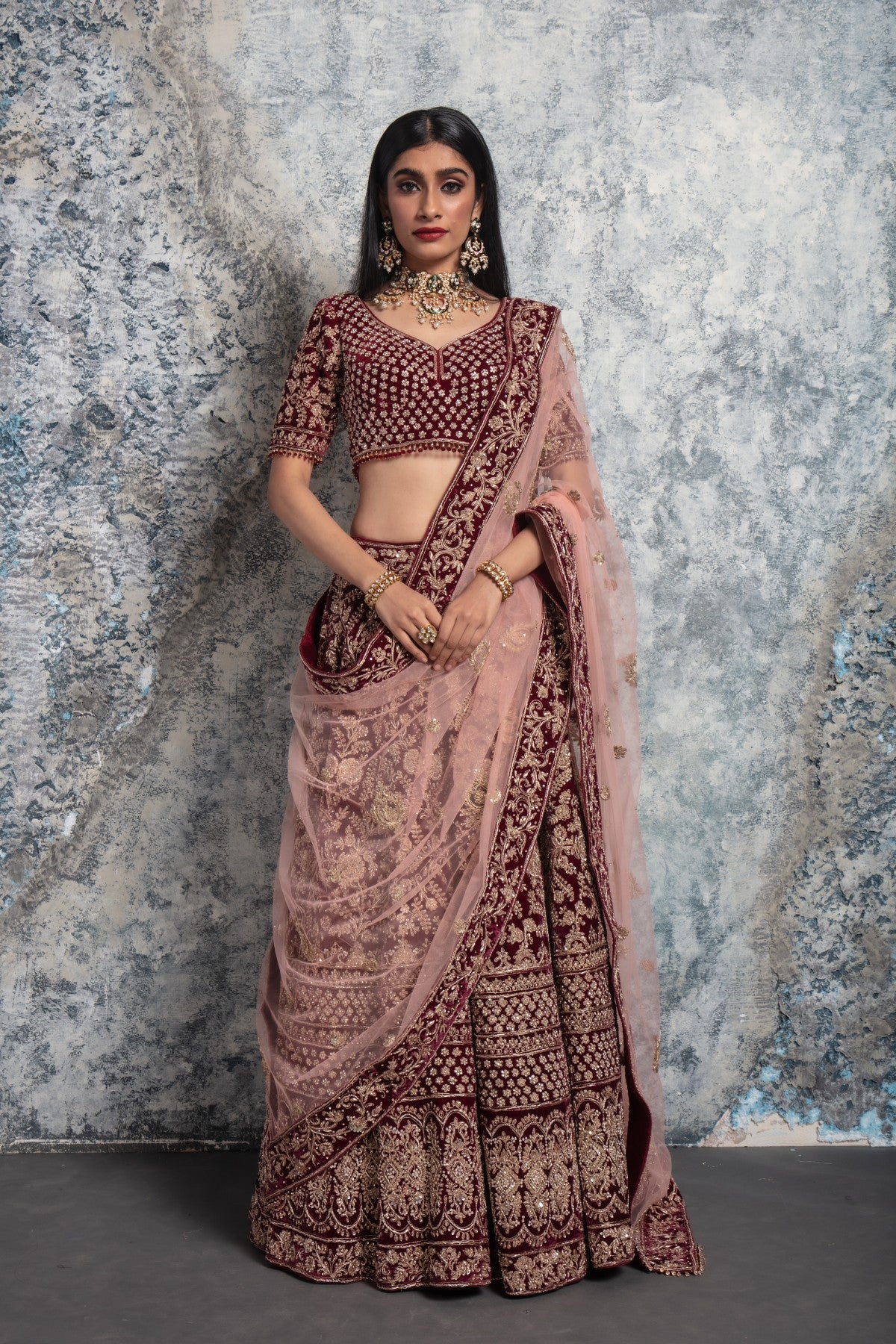 Wine Lehenga with Pink Dupatta and Golden Work