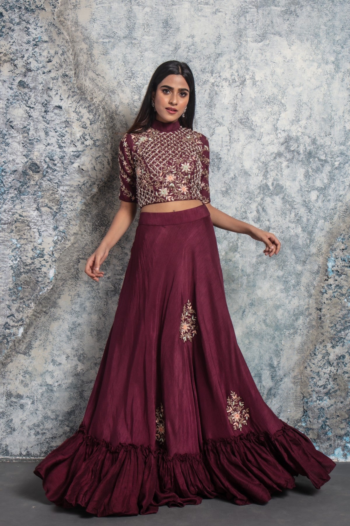 Wine Embellished Crop top with Skirt