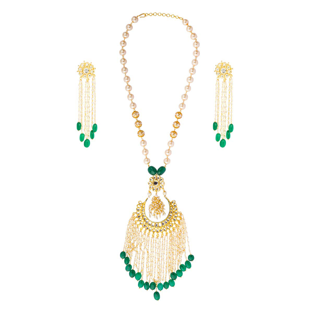 Look euphoric and perfectly put together in this complete set of a necklace & earrings set in kundan with pearl and green stone tassels.