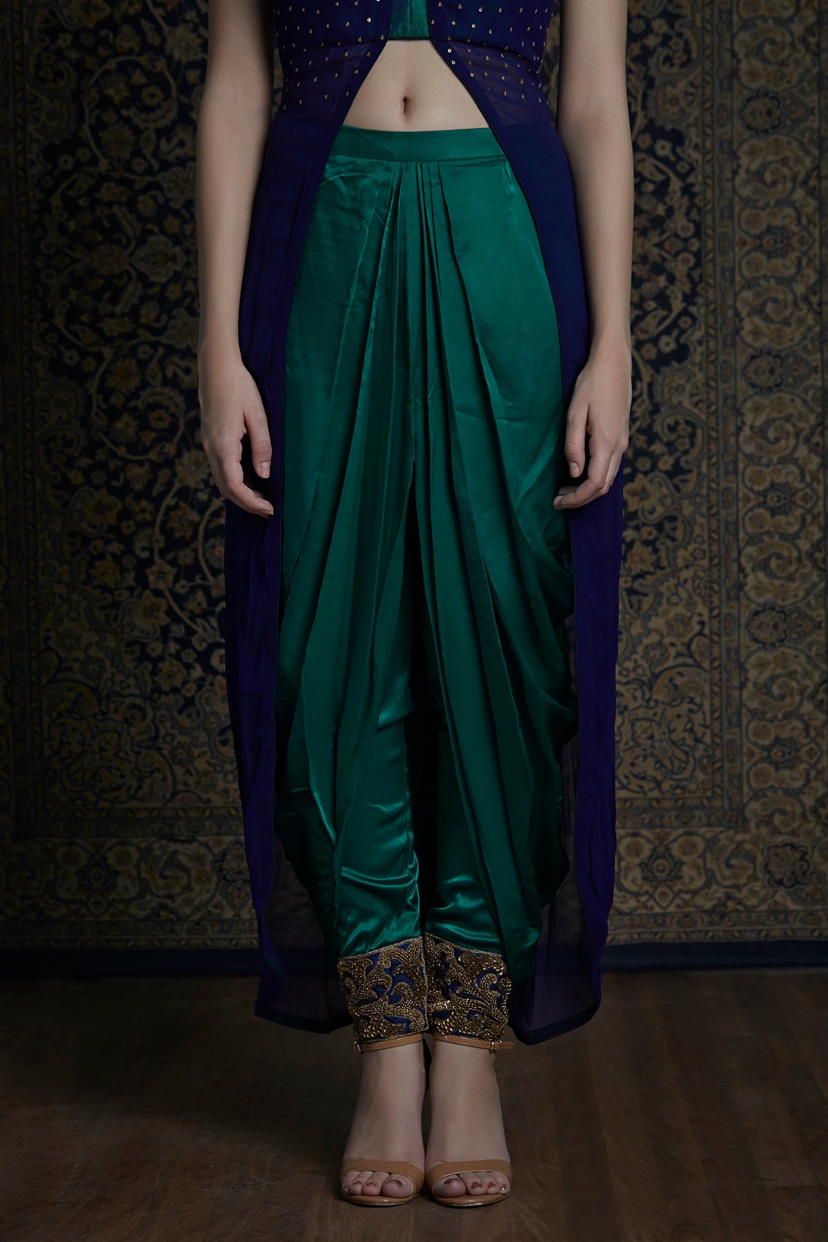 Blue High Low Top With Green Dhoti Pants