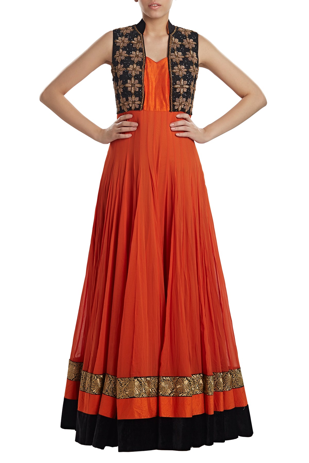 Orange you glad you can get your hands on this one! This georgette anarkali comes in rich black & gold with embroidery and latkans.