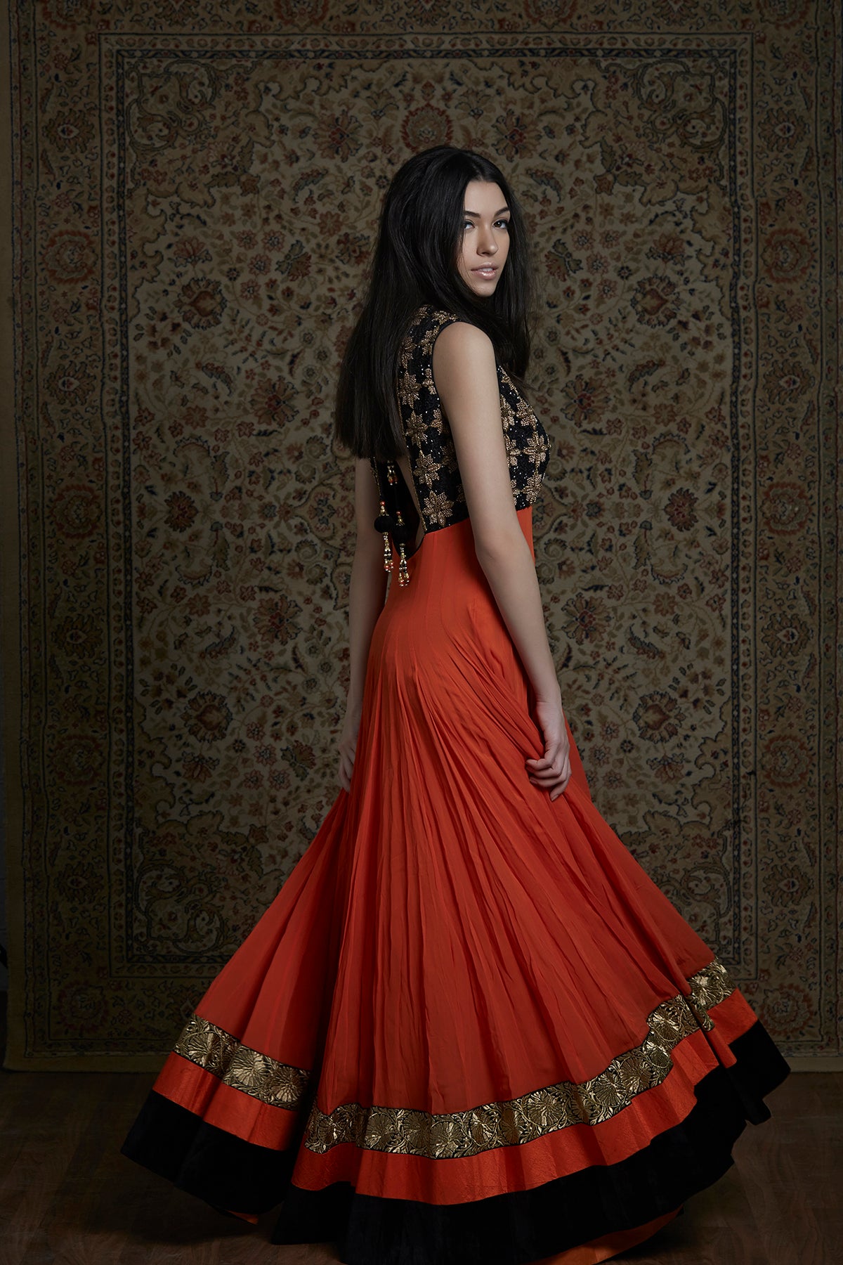 Orange And Black Anarkali Gown