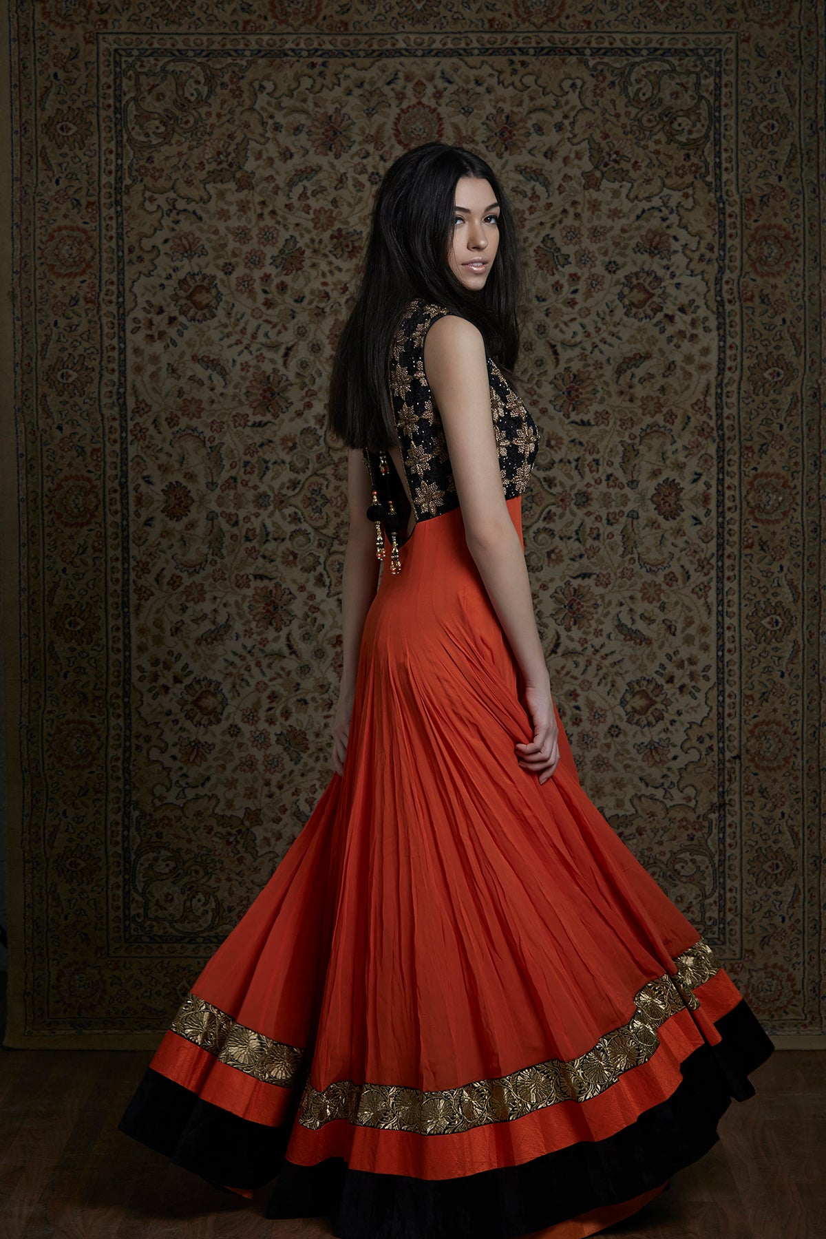 Orange And Black Anarkali Gown –