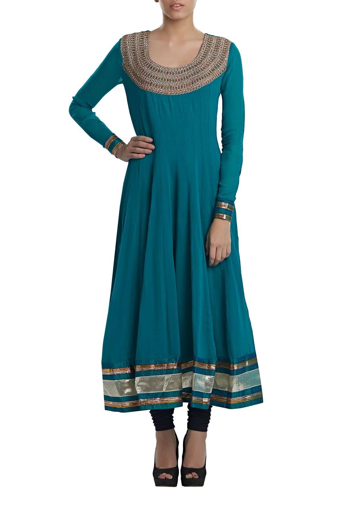 Deep blue as a midnight dream, our Turquoise kalidar kurta has a fully embroidered neck and full sleeves. This outfit does not include pants/churidar or dupatta.
