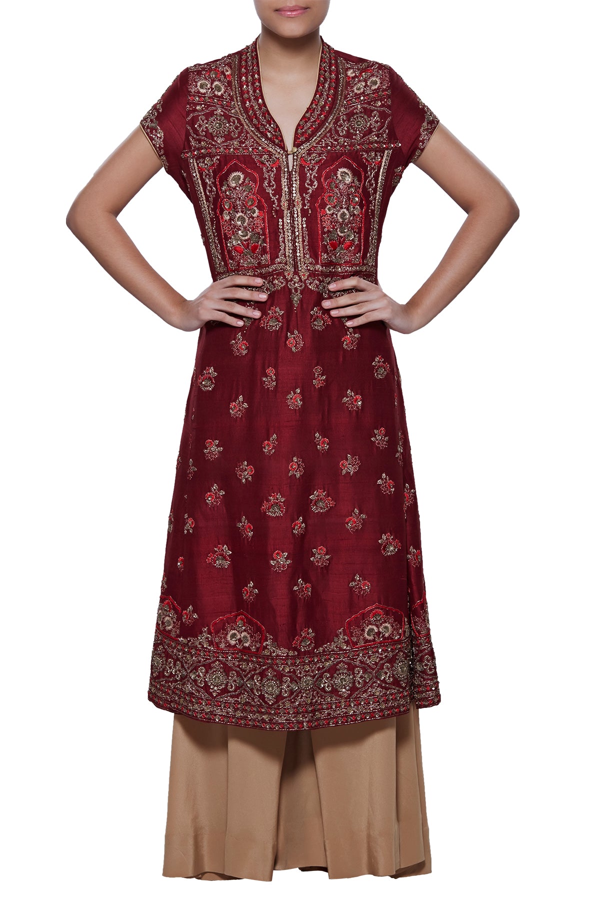 Maroon Gold Velvet Kundan Kurti with Straight Pants and Sequin Dupatta   anokherang
