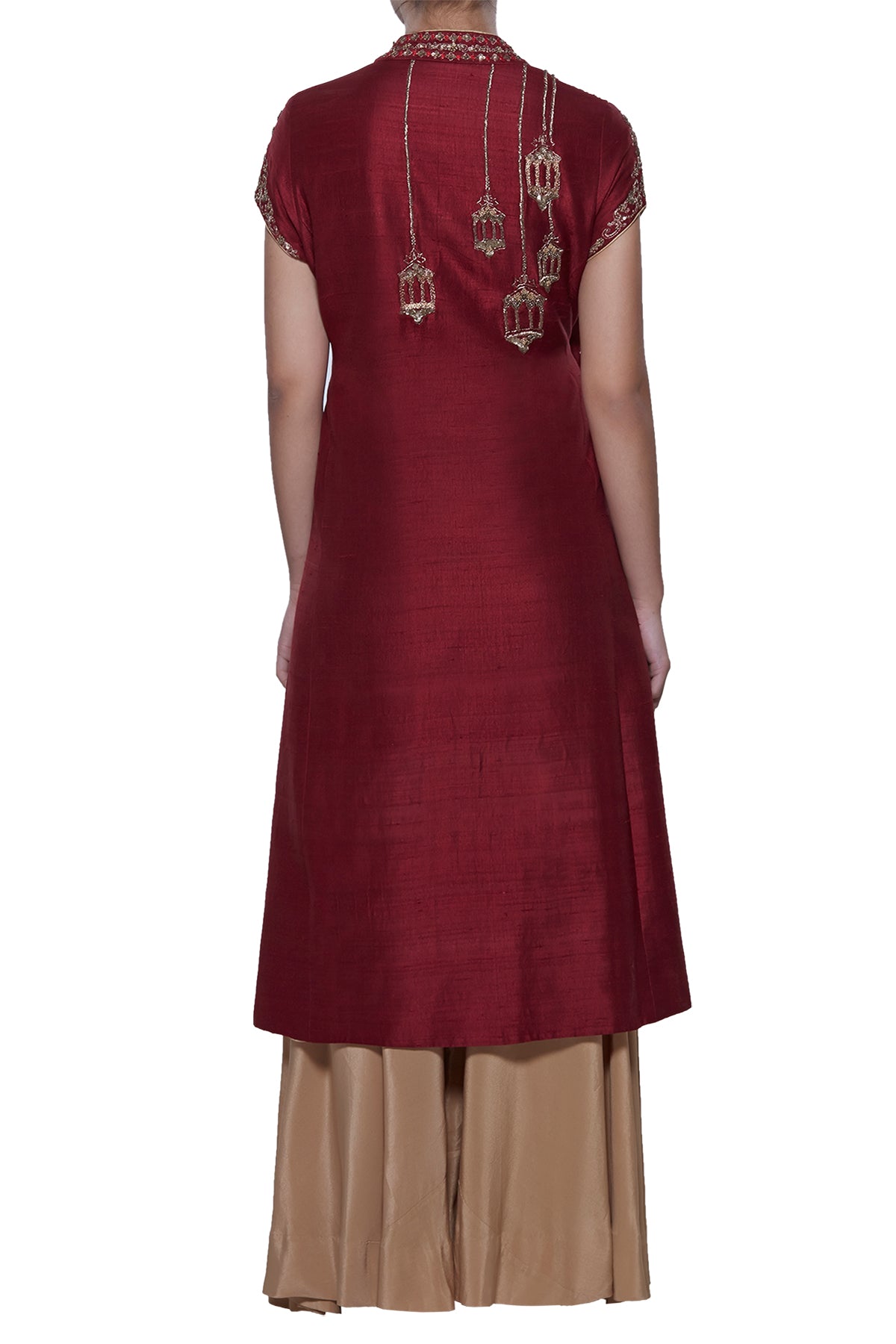 Maroon Gold Velvet Kundan Kurti with Foil Palazzo and Blush Mirror Dup   anokherang