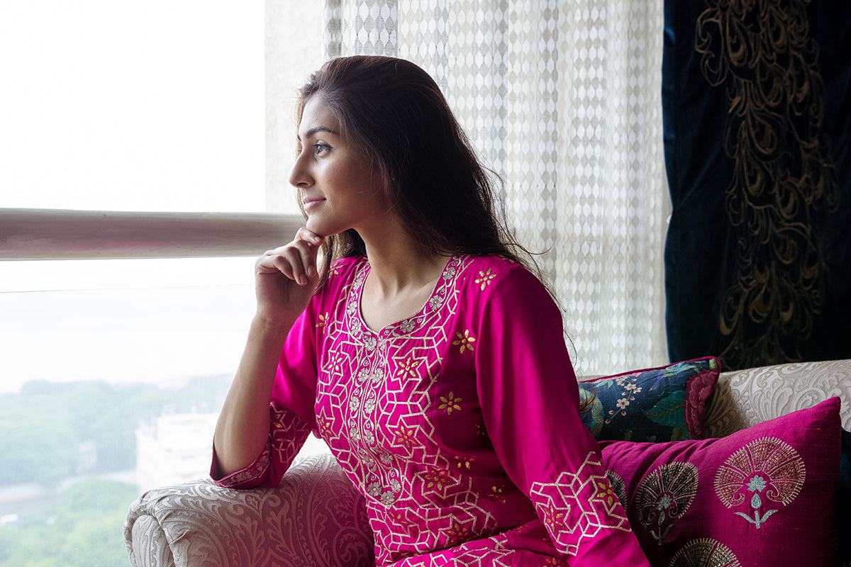 Hot Pink Gota Suit With Palazzos