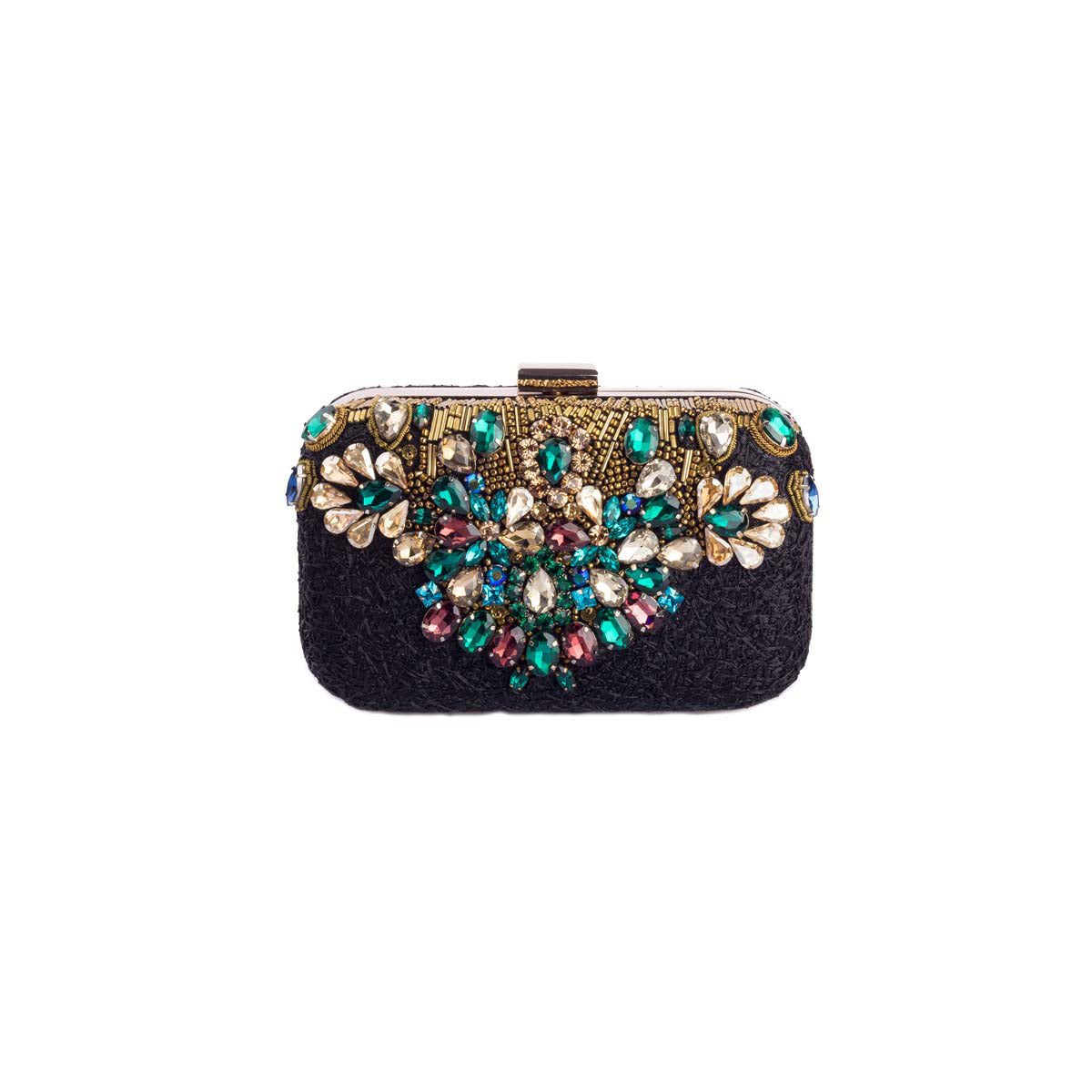 Bring your outfit some essential spice with this black textured clutch with multi colour stones and gold metallic embellishment.