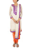 Crafted with utmost art for a pristine heart - this white georgette kurta set is lined with silver gota pati and given a festive edge with purple embroidery and a bright orange churidar.