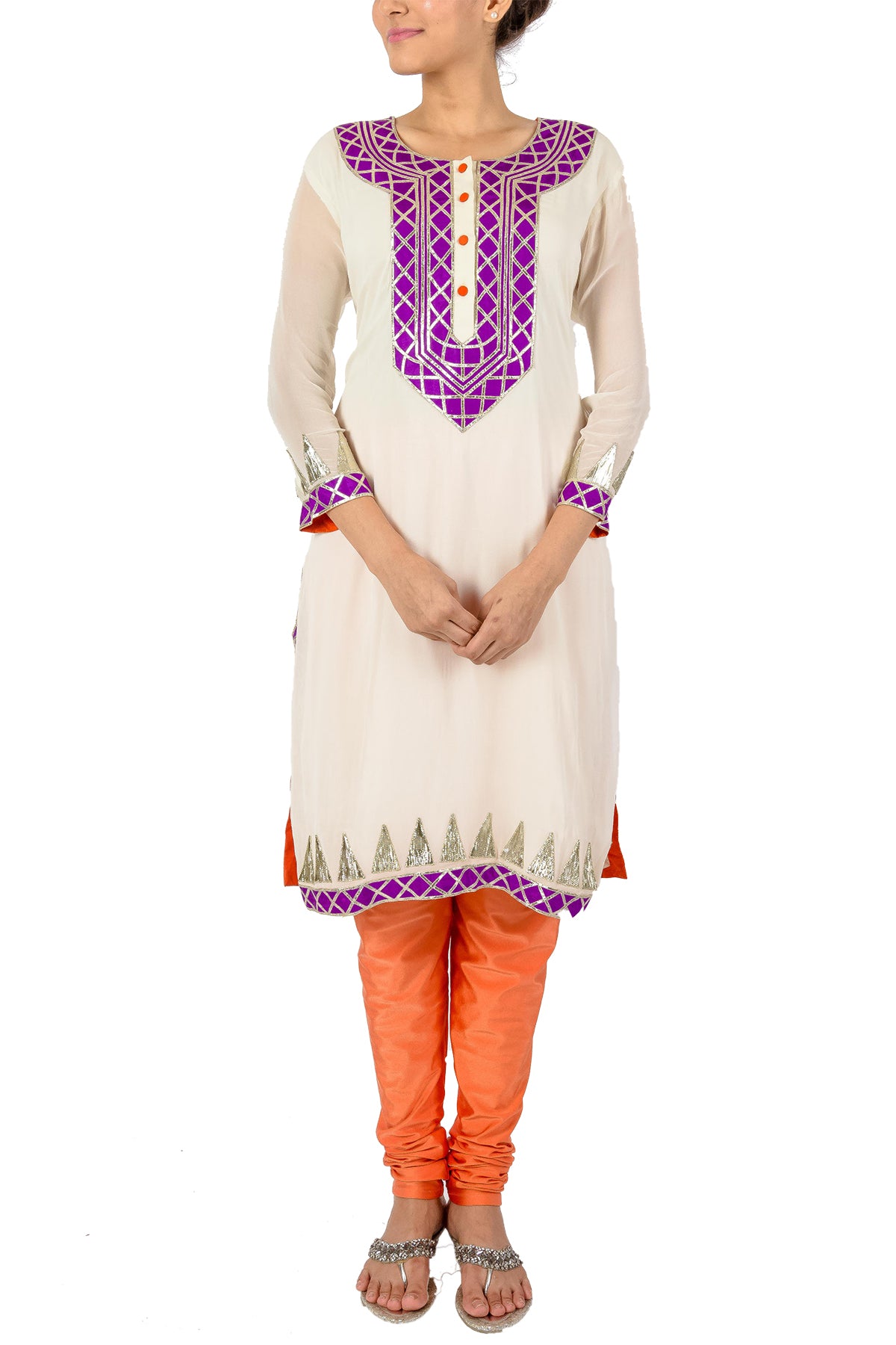 White, Orange And Purple Gota Kurta Set