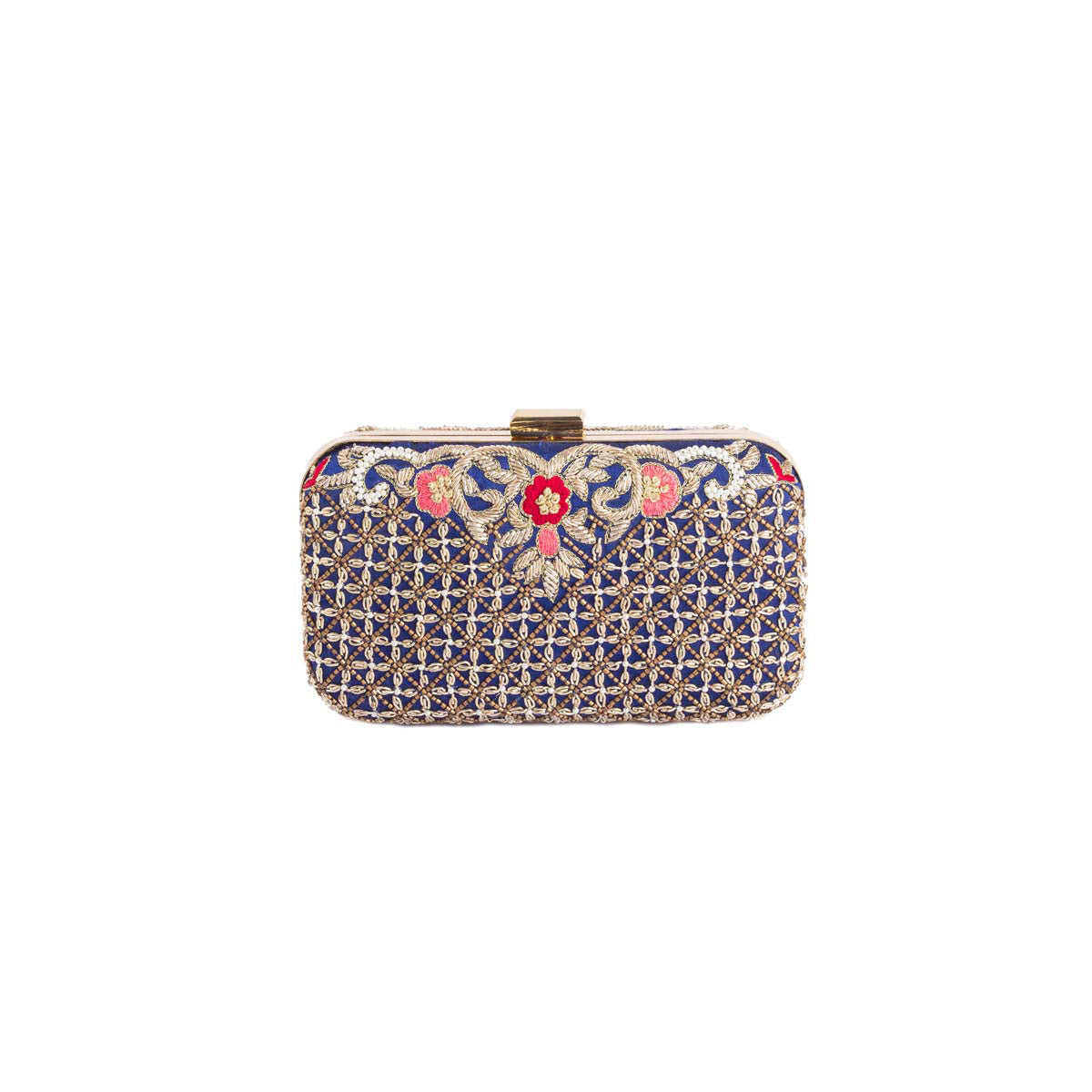 The perfect muse-worthy medley of florals and fashion, this blue clutch boasts of zardosi embroidered flowers and intricate lattices.