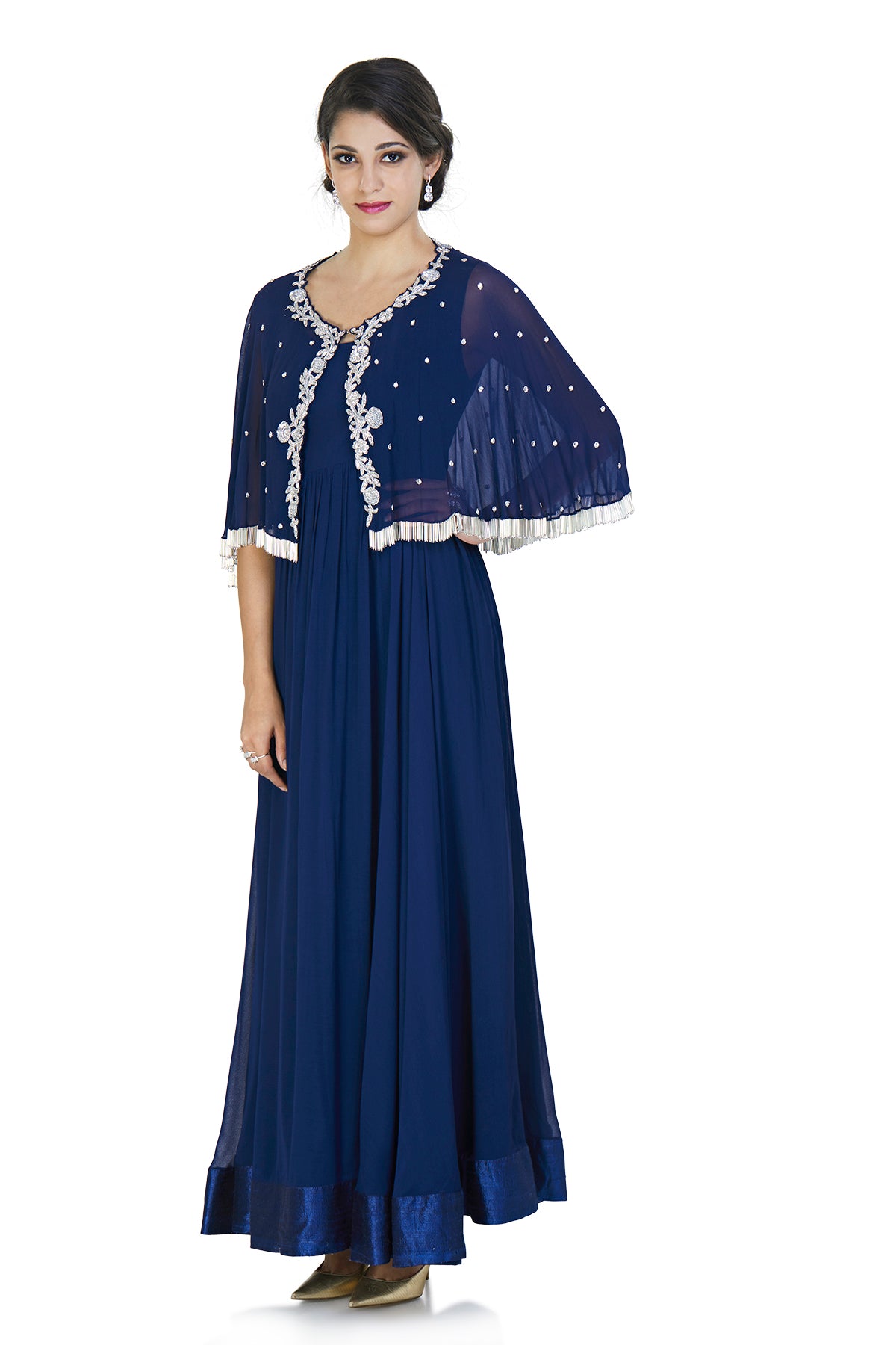 Dark blue georgette anarkali gown with a cape that is filled with intricate silver glass beads embroidery and tassels at the bottom.