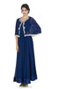 Dark blue georgette anarkali gown with a cape that is filled with intricate silver glass beads embroidery and tassels at the bottom.