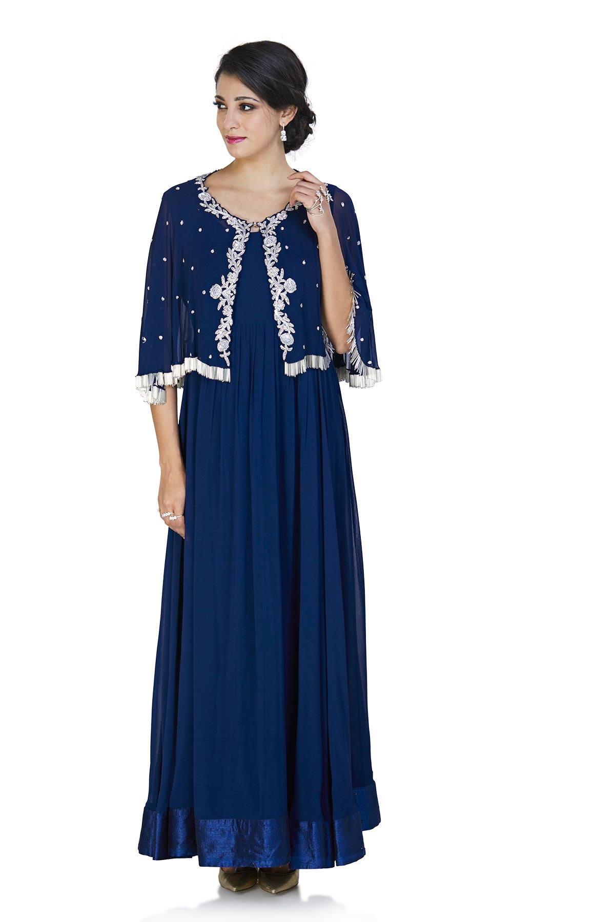 Dark blue Anarkali gown with cape
