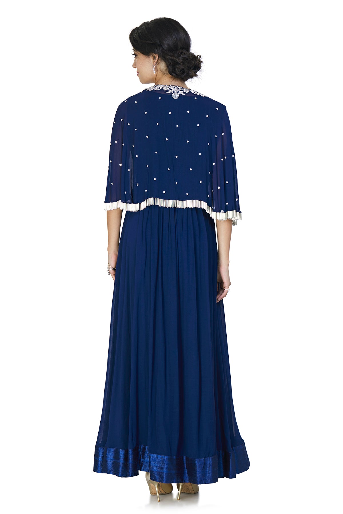 Dark blue Anarkali gown with cape