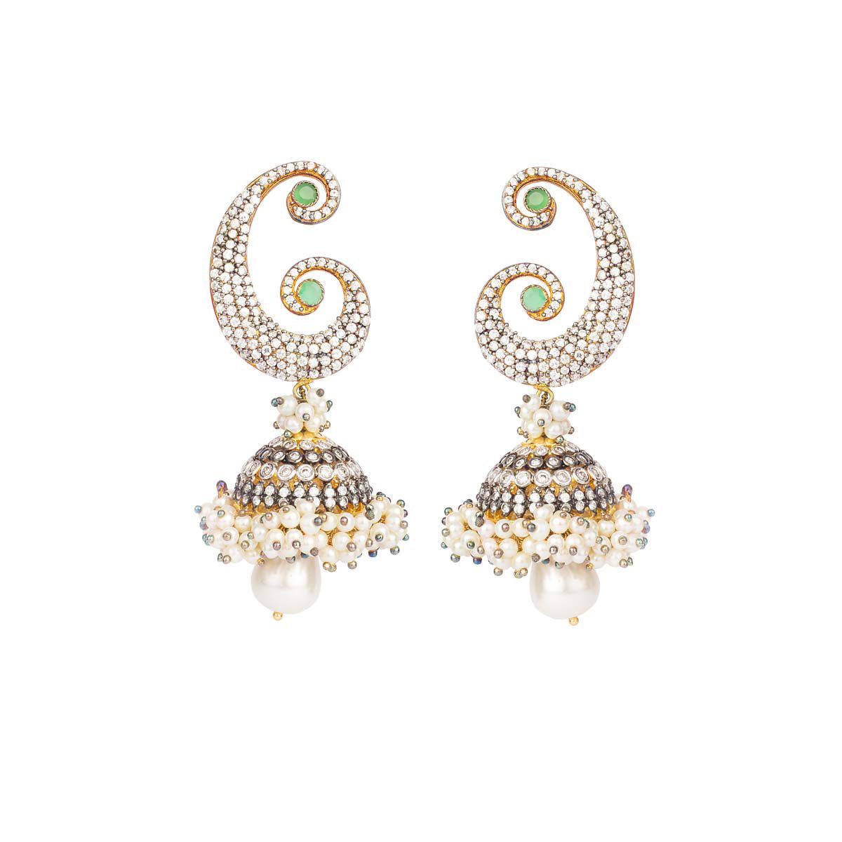 Bridge the beauty of modern and traditional with these antique gold mixed metal alloy earrings made jazzy with pearls and accented mint green studs.