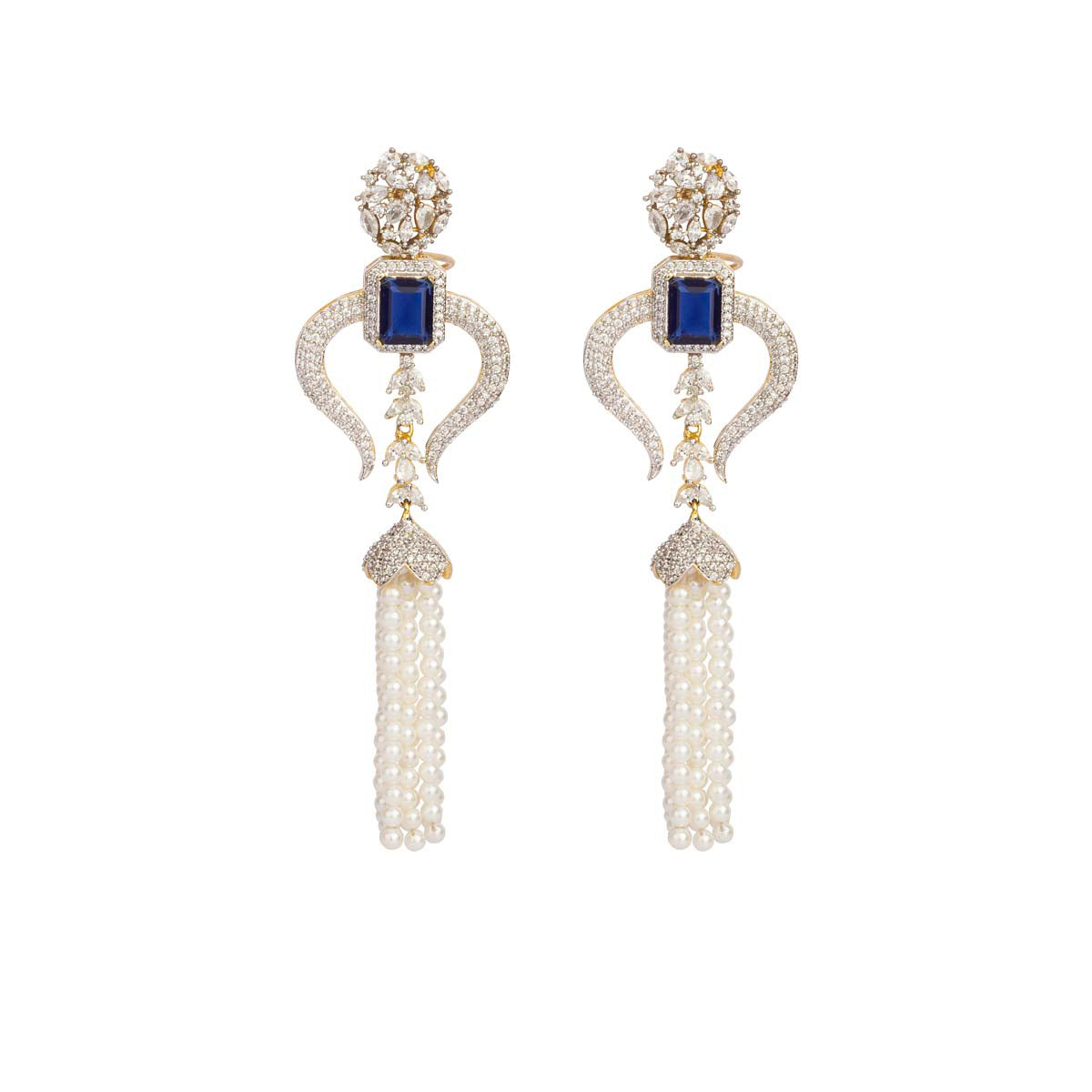 Soft as a subtle wind and sensational as the starry sky, these flawless earrings have white stones set in silver mixed metal with an emerald cut blue stone and dainty pearl danglers.