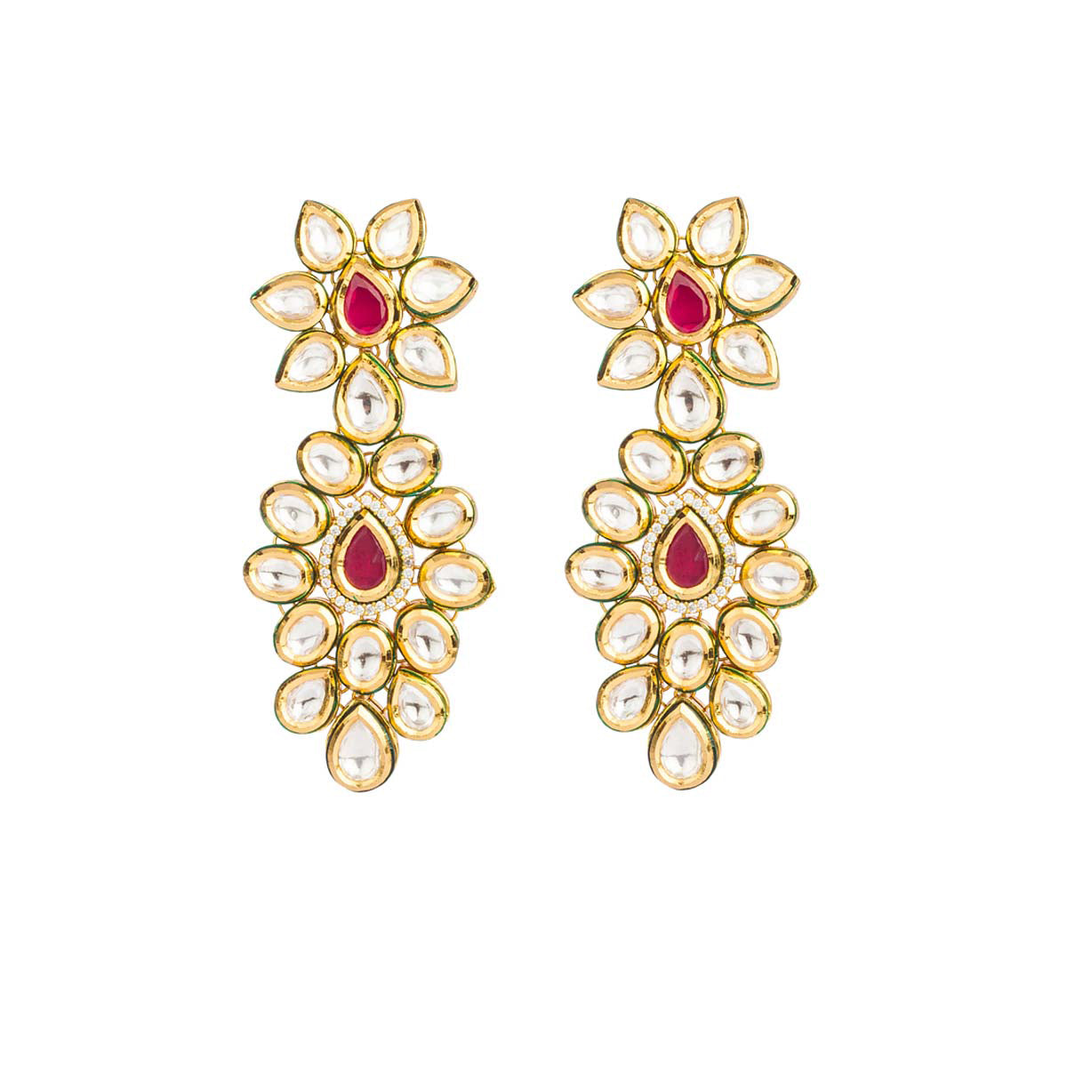 Intricately crafted and insanely stylish, these masterpieces are tall on simplicity and never short on style! They are made up of uncut red stones outlined by imitation diamonds. 