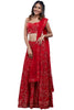 This star-studded red piece is the perfect pick for your next royal wedding. The short fit choli with threadwork matches its cascading lehenga. Finished with a light dupatta - this outfit is perfect for all your moves.
