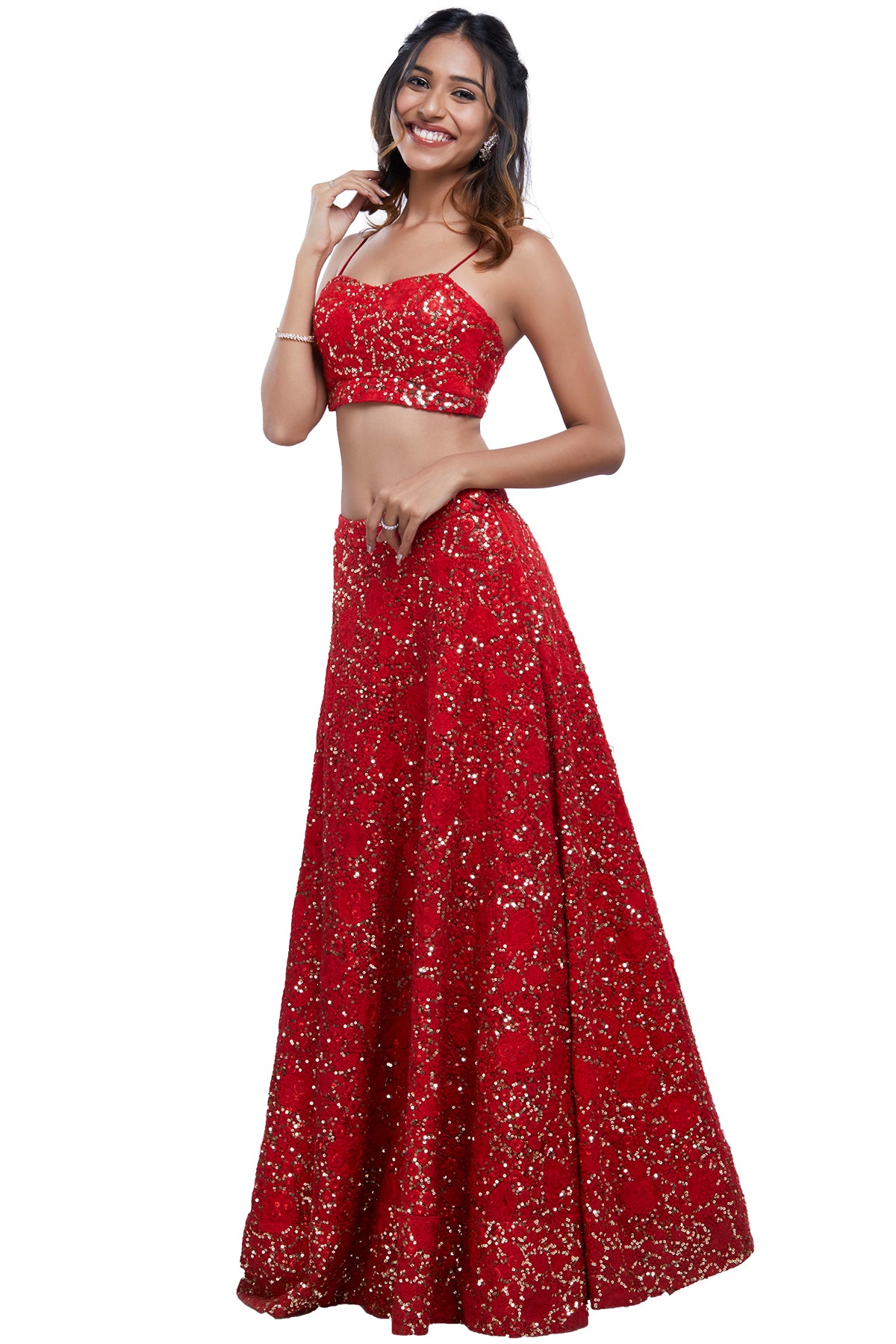 Red Sequins Embroidered Lehenga Set