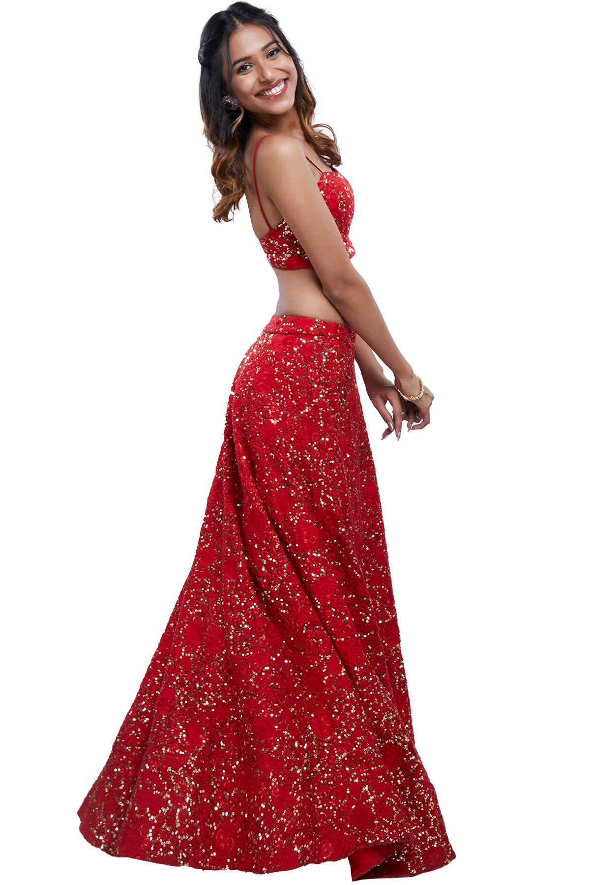 Red Sequins Embroidered Lehenga Set