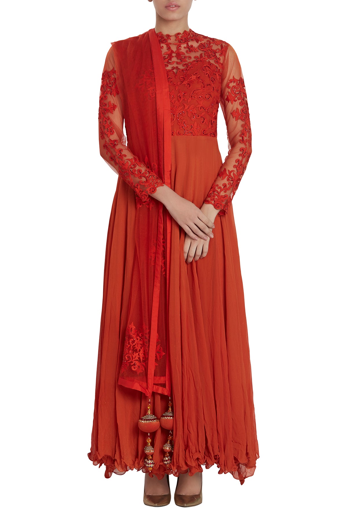 Get all meshed up in style and own the night with this red full-length high neck anarkali with a fully embroidered front, back and sleeves.