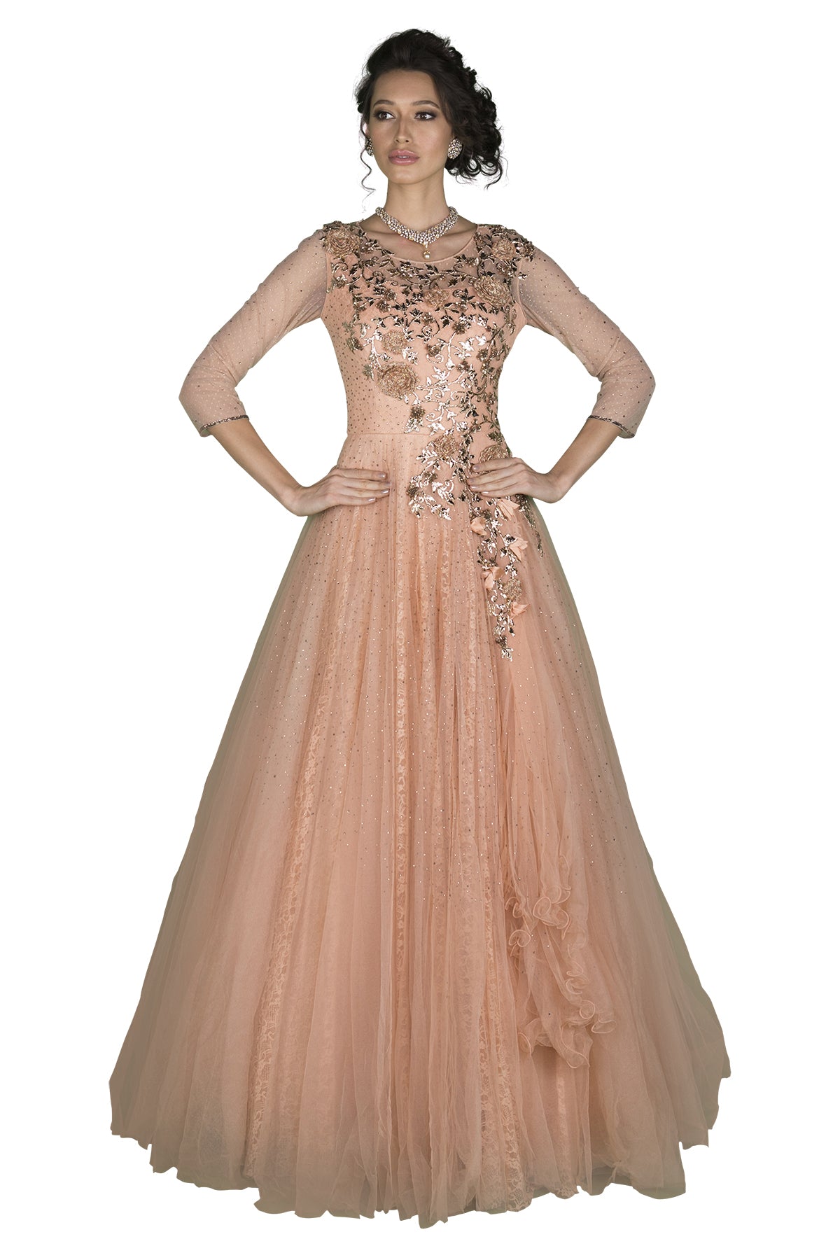 Leave them peachless in this delicate floor length embellished gown fit for a diva and her special day!