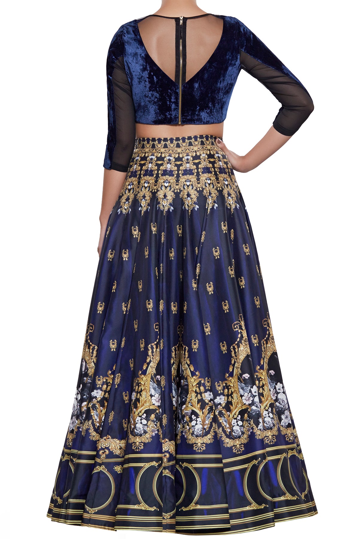 Blue Printed Lehenga With Velvet Crop Top