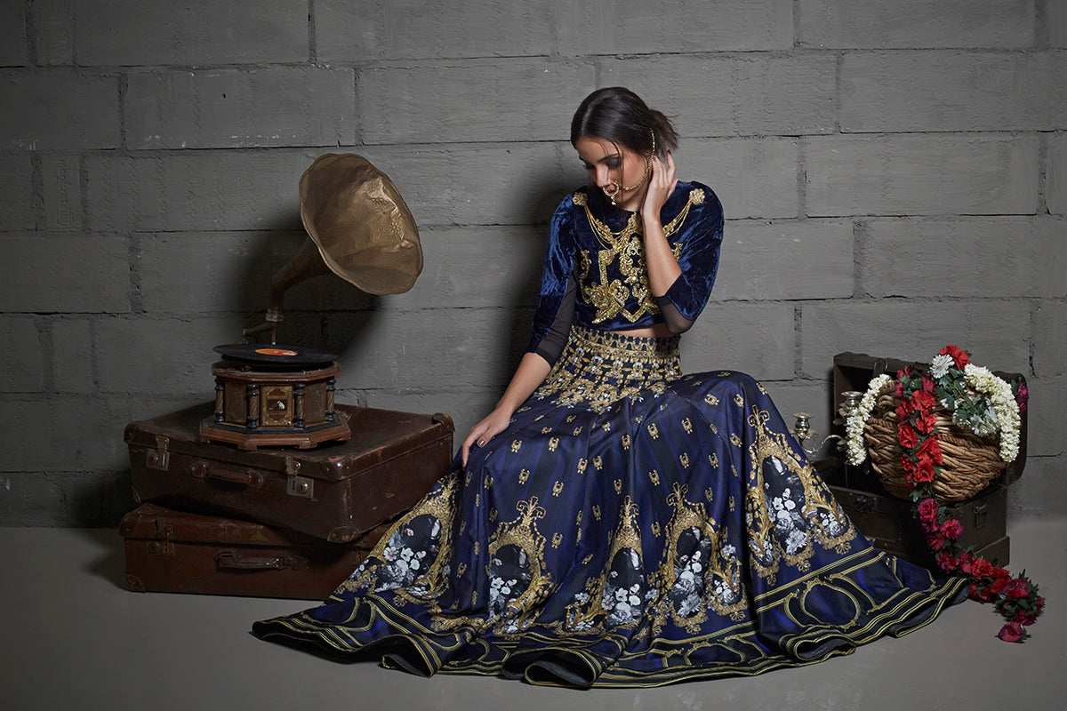 Blue Printed Lehenga With Velvet Crop Top