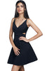 Play peak-a-boo in this flirty, fun black v-neck skater dress with cut-out at the waist. 
