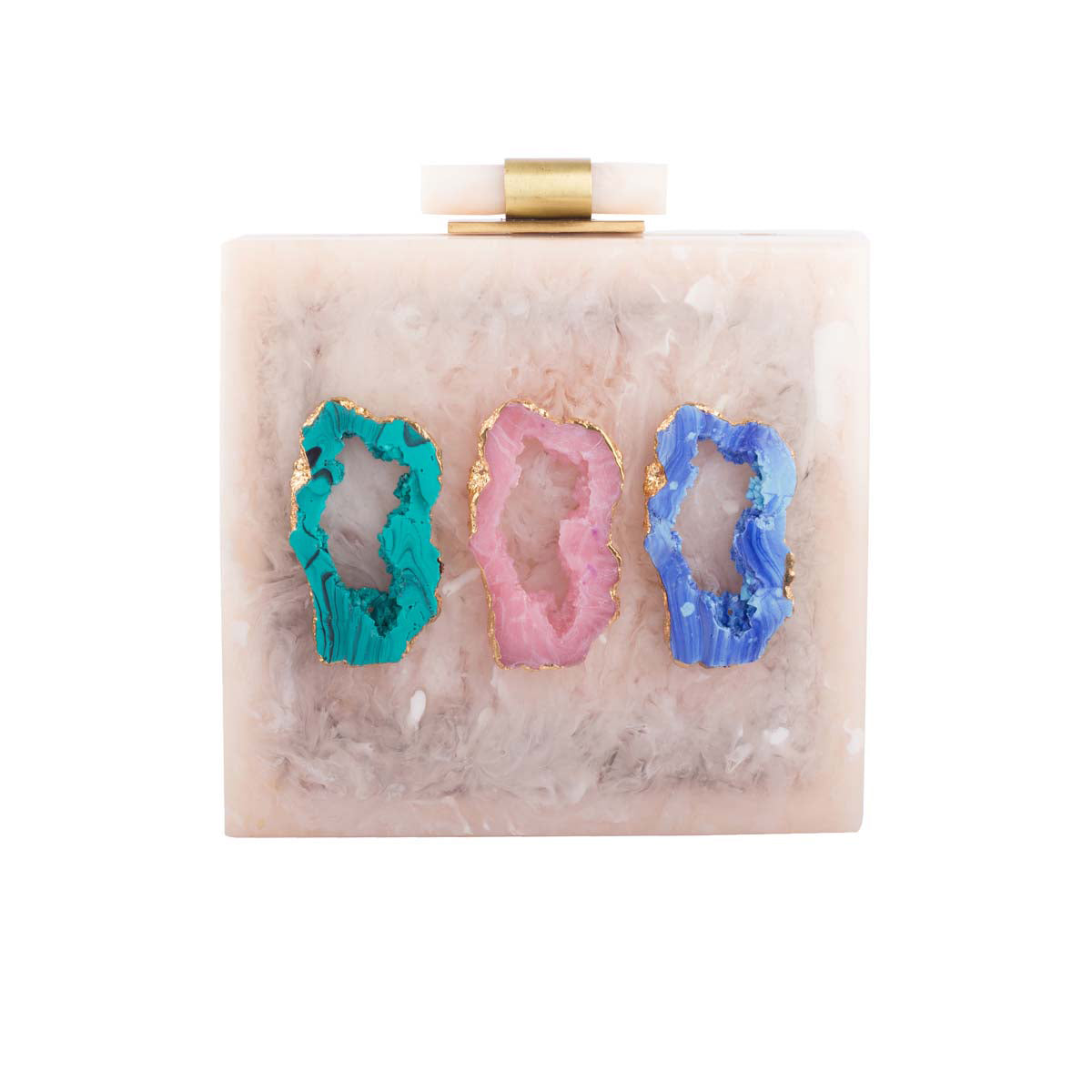 From a pooja to a pool party, this stunning pastel-palette lucite clutch has three moon rock stones to add an eccentric edge to a classic colour.