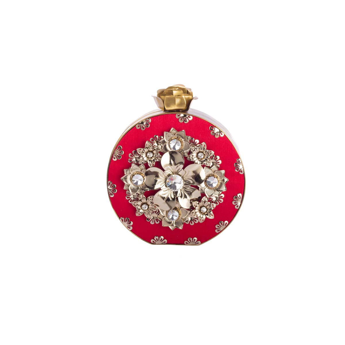 Ravishing and right off the runway, our red round clutch with metallic detailing and embellishments is your go-to for any Indian occasion.