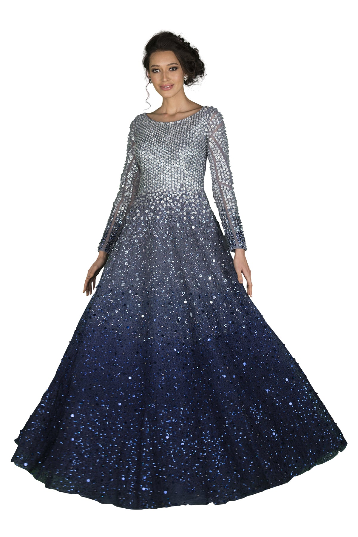 Capture a constellation of stars in this stunning ombre to navy blue shaded gown - embellished with silver from head to toe!